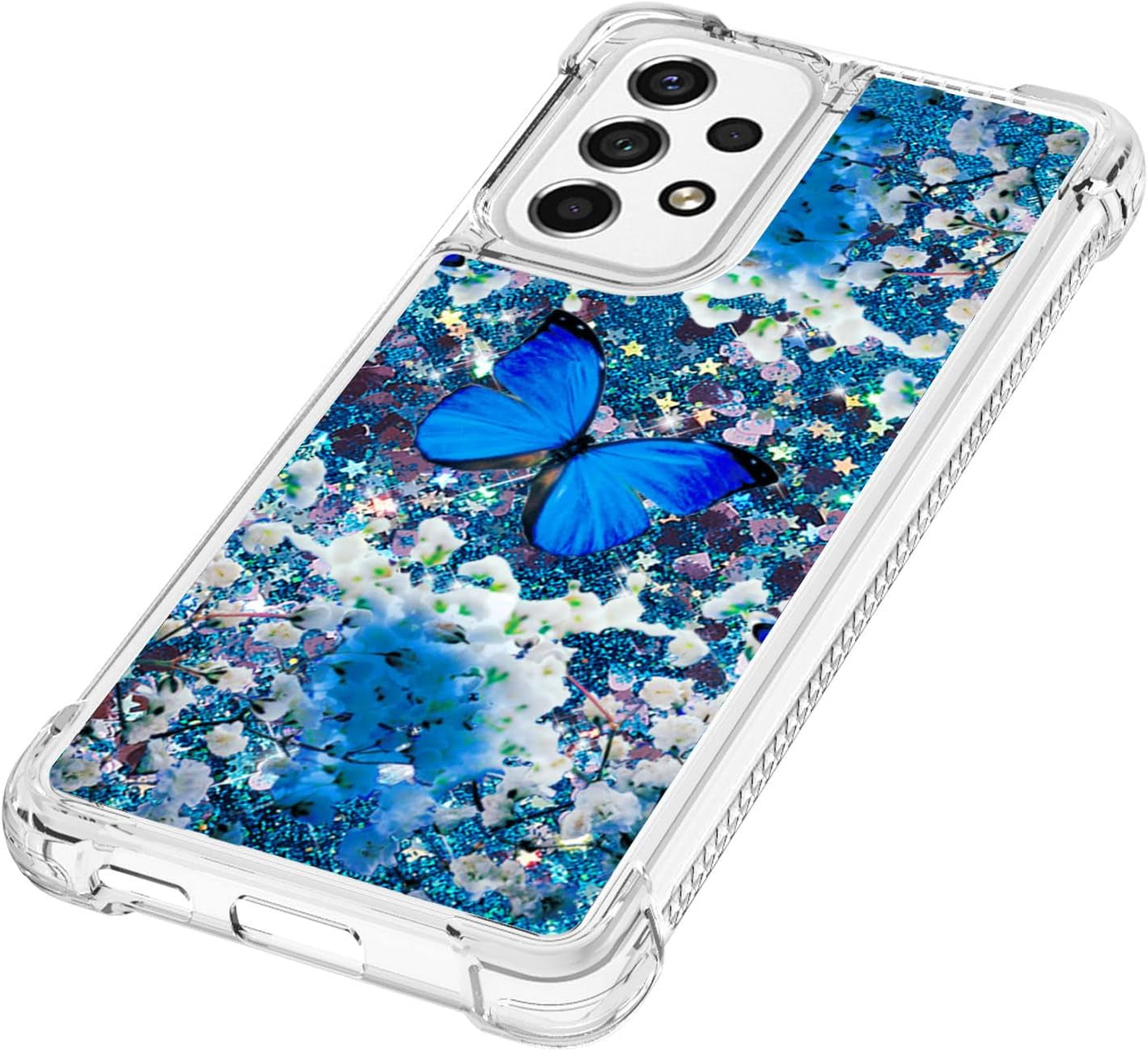 For Samsung Galaxy A53 5G Phone Case with Screen Protector, Women Girls Cute Glitter Bling Floating Liquid Soft TPU Shockproof Protective Slim Cover for Samsung Galaxy A53 5G -Blue Butterfly