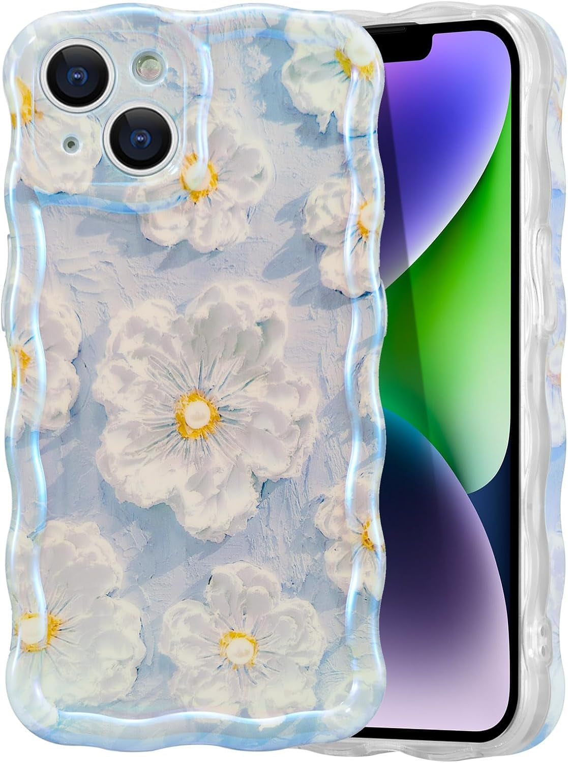 EYZUTAK Case for Iphone 14 Pro, Colorful Retro Oil Painting Flower Leaf Laser Glossy Pattern Cute Curly Wave Edge Exquisite Phone Cover Stylish Durable TPU Protective Case for Girls Women - Blue Green  EYZUTAK   