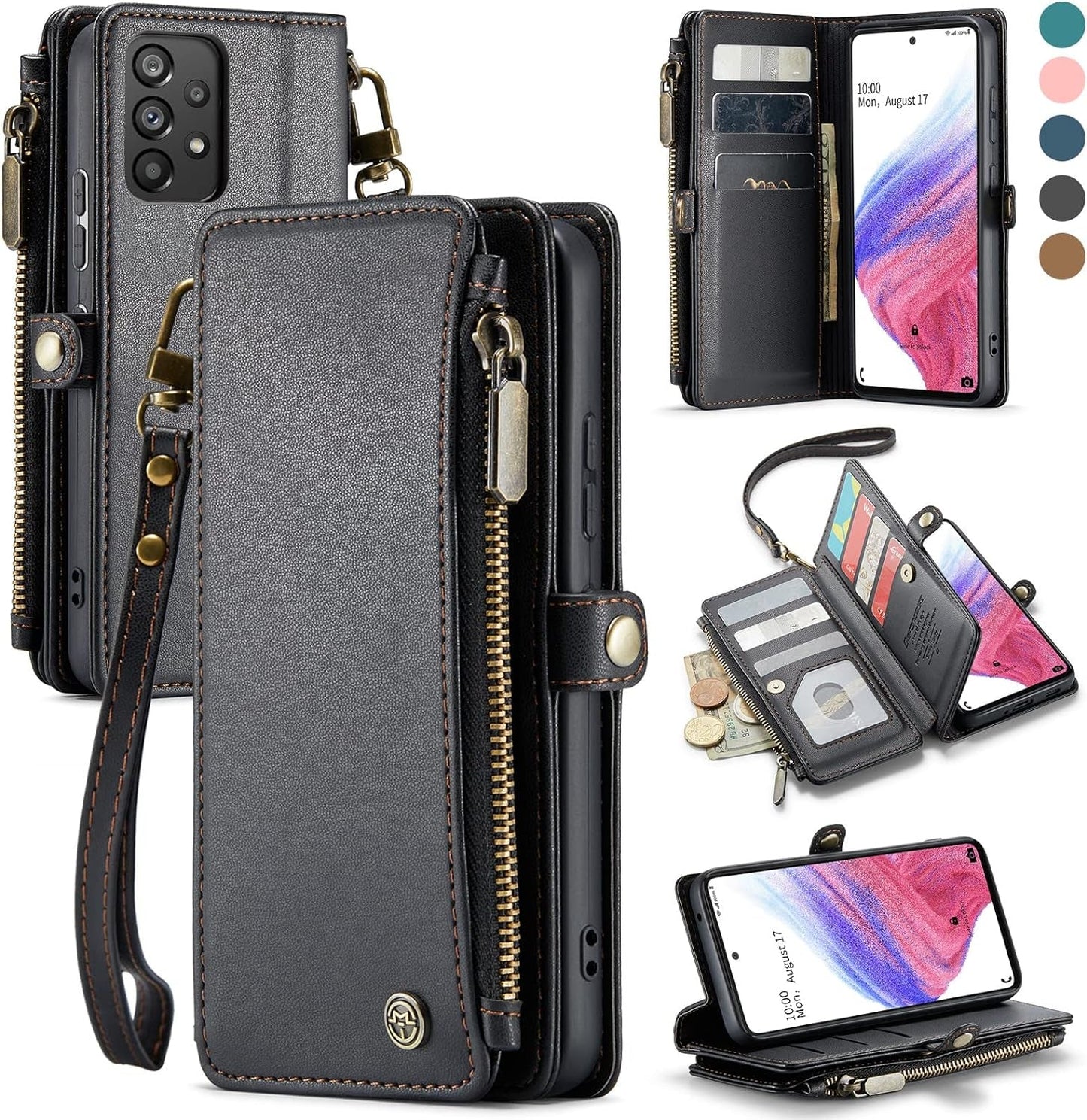 Defencase for Samsung Galaxy A53 5G Case, 【RFID Blocking】 for Samsung A53 5G Case Wallet for Women Men, PU Leather Magnetic Flip Strap Zipper Card Holder Wallet Phone Case for Galaxy A53 5G, Black