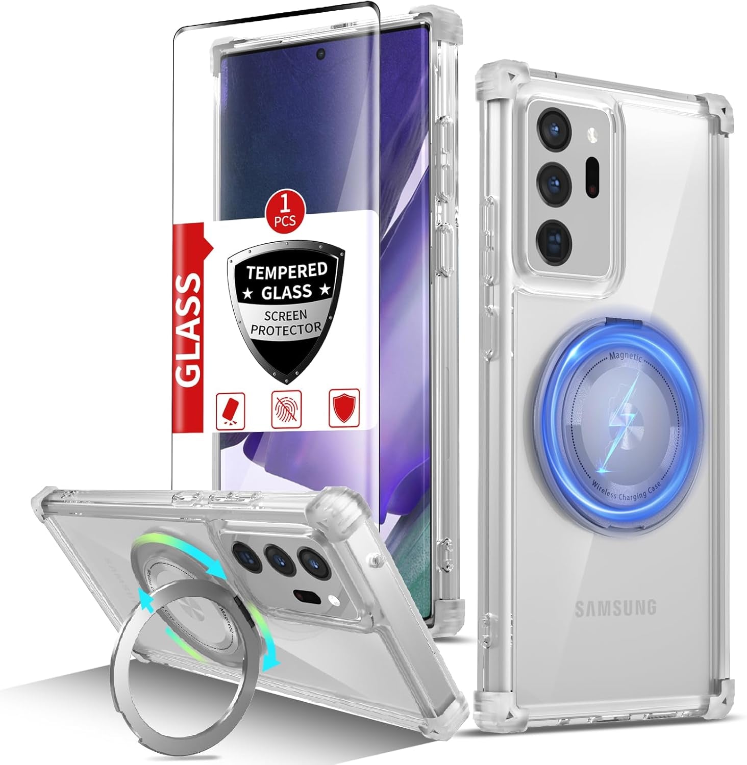 For Samsung Galaxy S22 Ultra Case Magnetic Compatible with Magsafe Galaxy S22Ultra Case with Glass Screen Protector,With Kickstand Military Grade Drop Protection Shockproof S22Ultra Case Clear