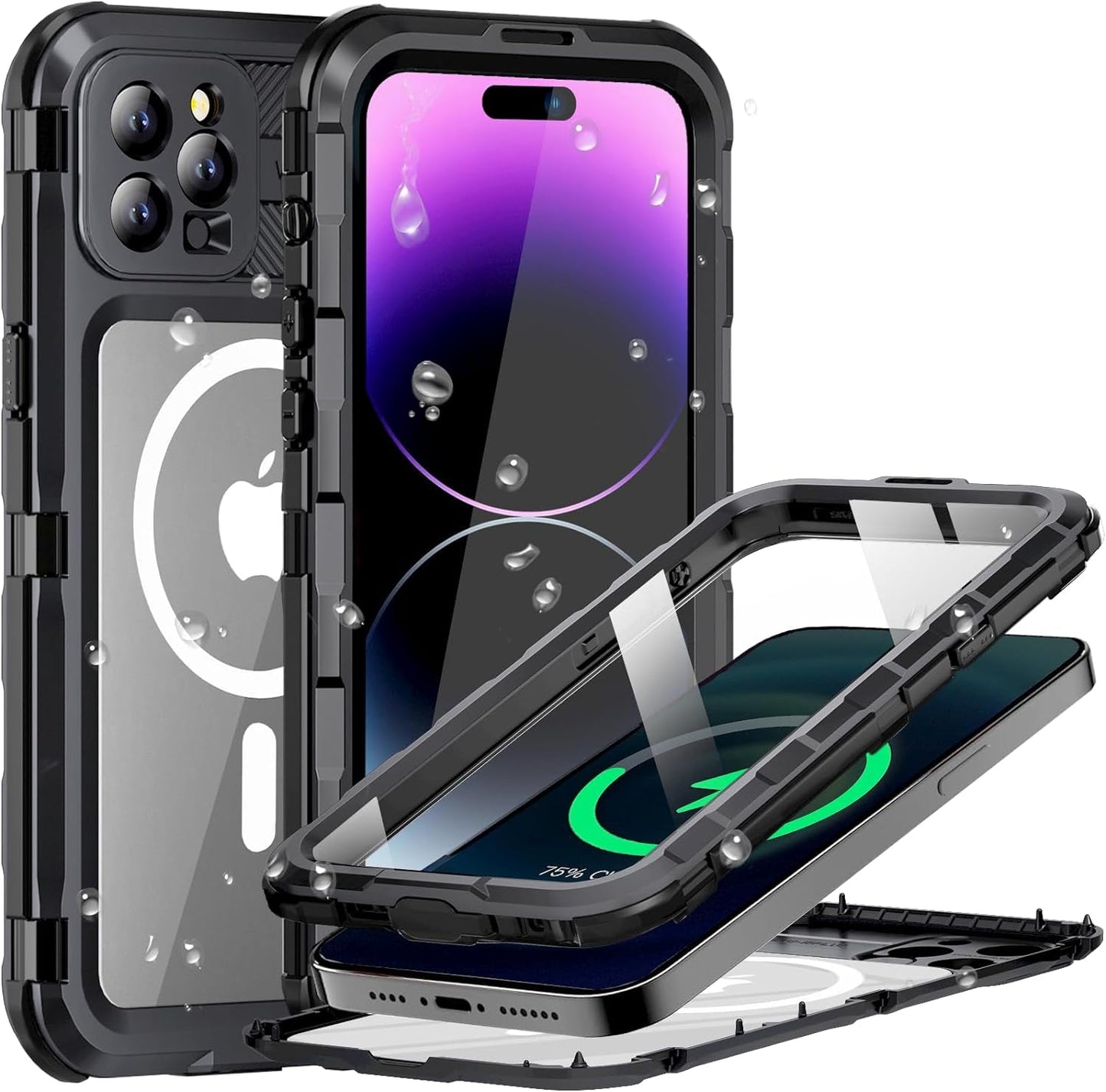 Evcing for Iphone 15 Pro Max Waterproof Case, [IP68 Underwater][Military Dropproof, Shockproof][Compatible with Magsafe][Full Body Metal], Heavy Duty Phone Cover for Iphone 15 Promax, 6.7 Inch (Black)  EVCING Black Iphone 13 Pro 