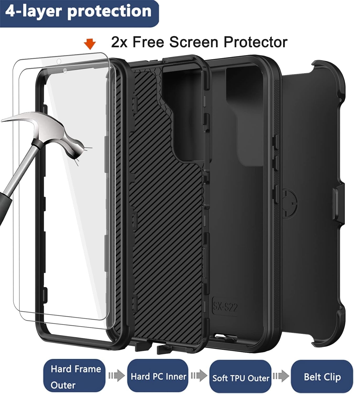 For Samsung Galaxy S22 plus Case with Belt Clip Holster, 2X Screen Protector, [Military Grade Protection] Heavy Duty Full Body Shockproof Rugged Protective Cover for Samsung S22 plus 5G (Black)