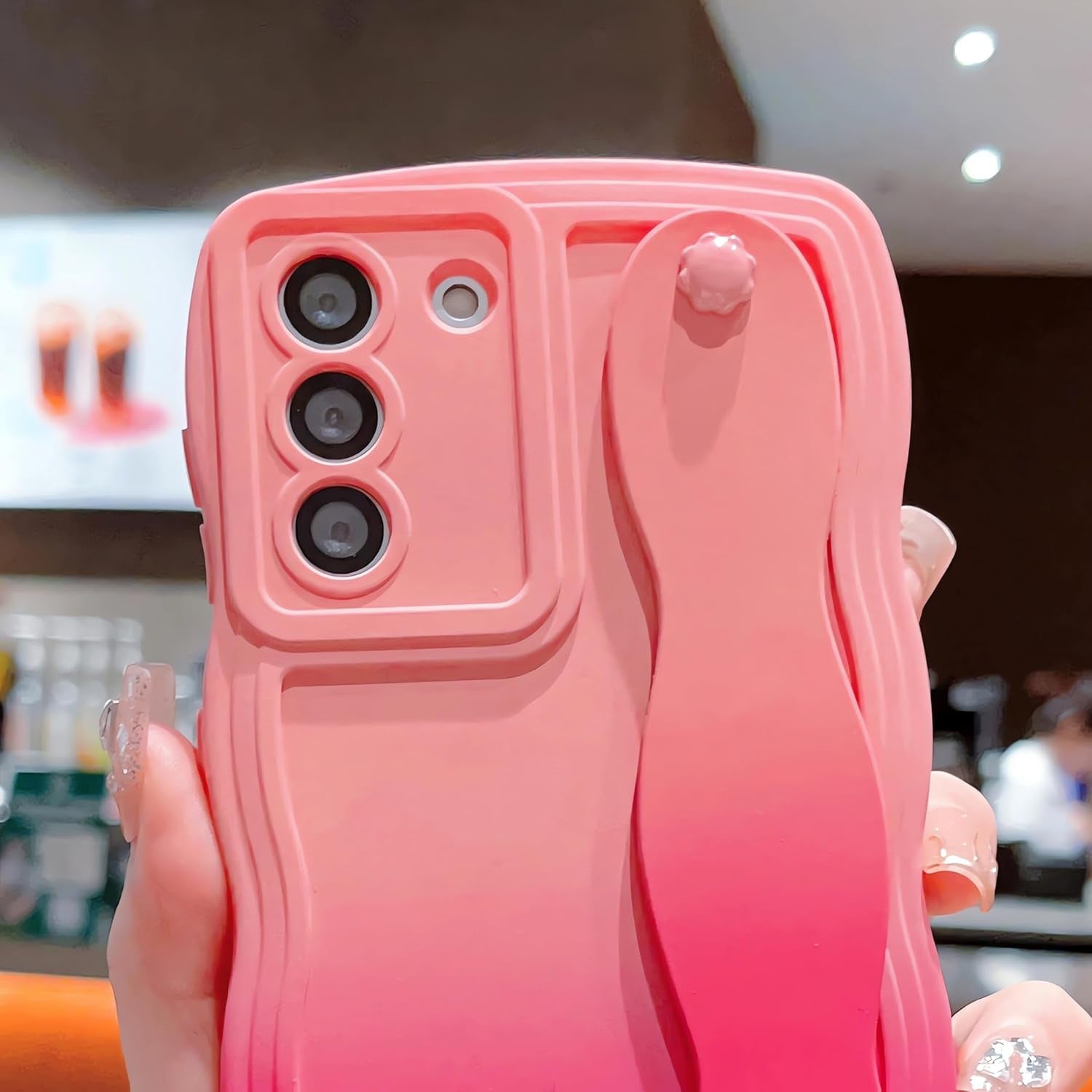 For Samsung Galaxy S22 plus Case with Wrist Strap Stand, Gradient Color Cute Wavy Curly Camera Lens Cover Soft Silicone Samsung S22+ Phone Case Cover 6.6" for Women Men (Hot Pink)