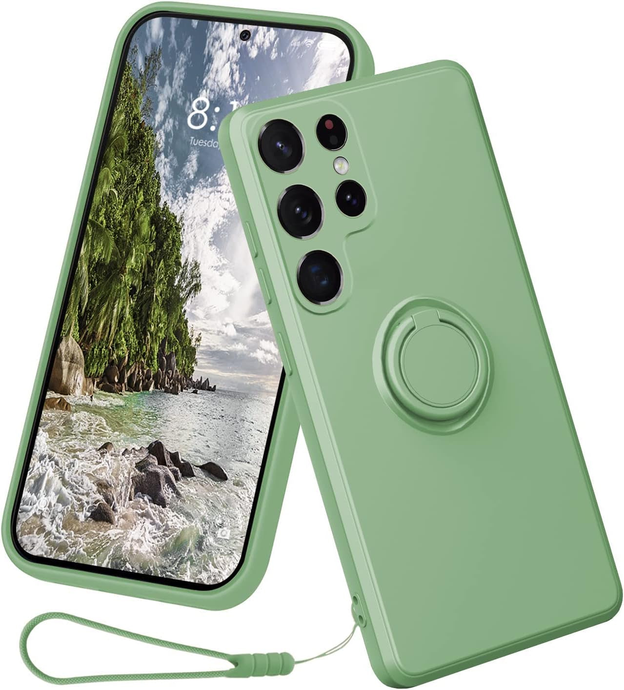 Case Compatible with Samsung Galaxy S22 Ultra（5G 2022 Released）, Silicone with Ring 360°Rotatable Kickstand Case Support Magnetic Car Mount，Protective Cover with Strap (Red)