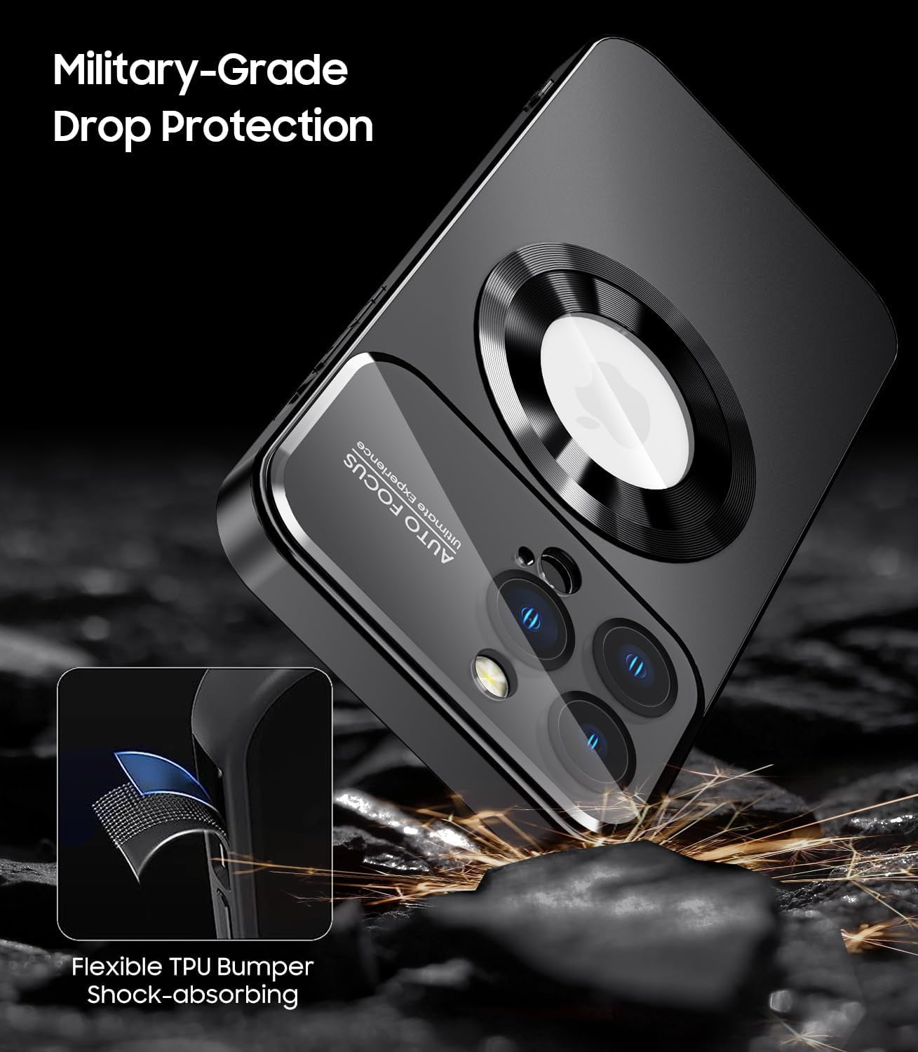 MAKAVO Magnetic for Iphone 15 Pro Max Case, Compatible with Magsafe, Built-In Camera Lens Protector, Logo View, Military Grade Drop Proof Phone Cover, Black  MAKAVO   