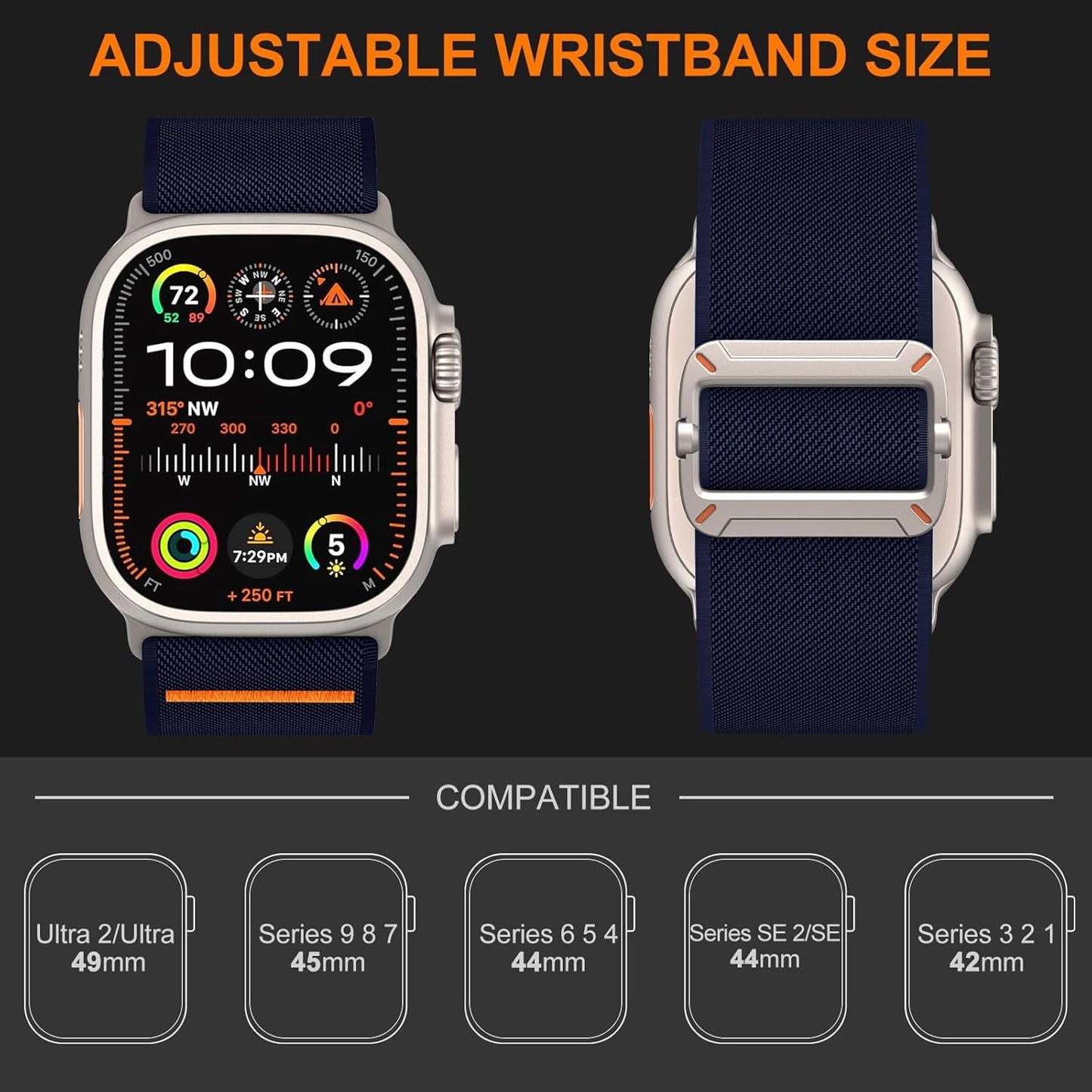 EOMTAM Stretchy Nylon Sport Band Compatible for Apple Watch Band 42Mm 44Mm 45Mm 49Mm Men,Wristbands for Iwatch Series 9 Ultra 2/1 8 SE 7 6 5 4 3