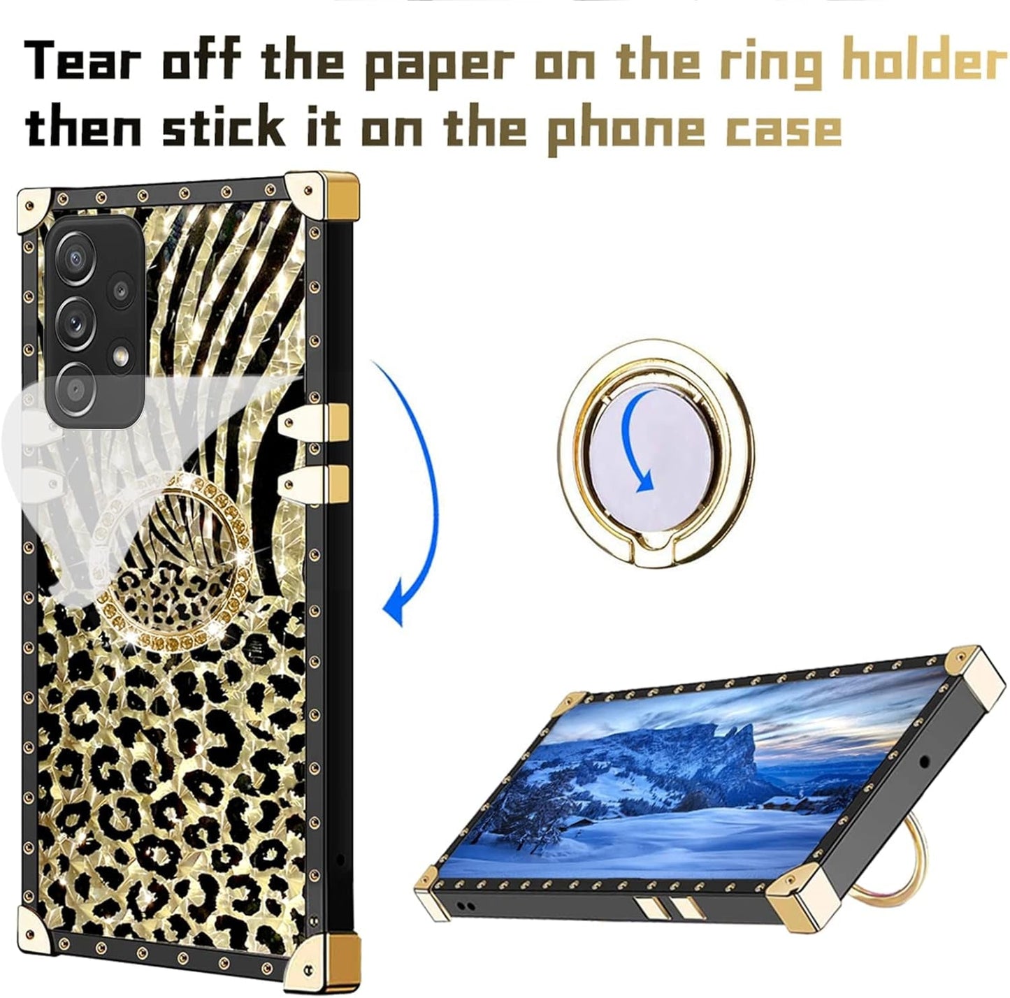Case for Galaxy A53 5G, for Samsung A53 5G Phone Case with Ring Stand Retro Elegant Luxury Sparkle Leopard Cheetah Print Design Gold Full Protection Square Protective Phone Cover for Girls Women
