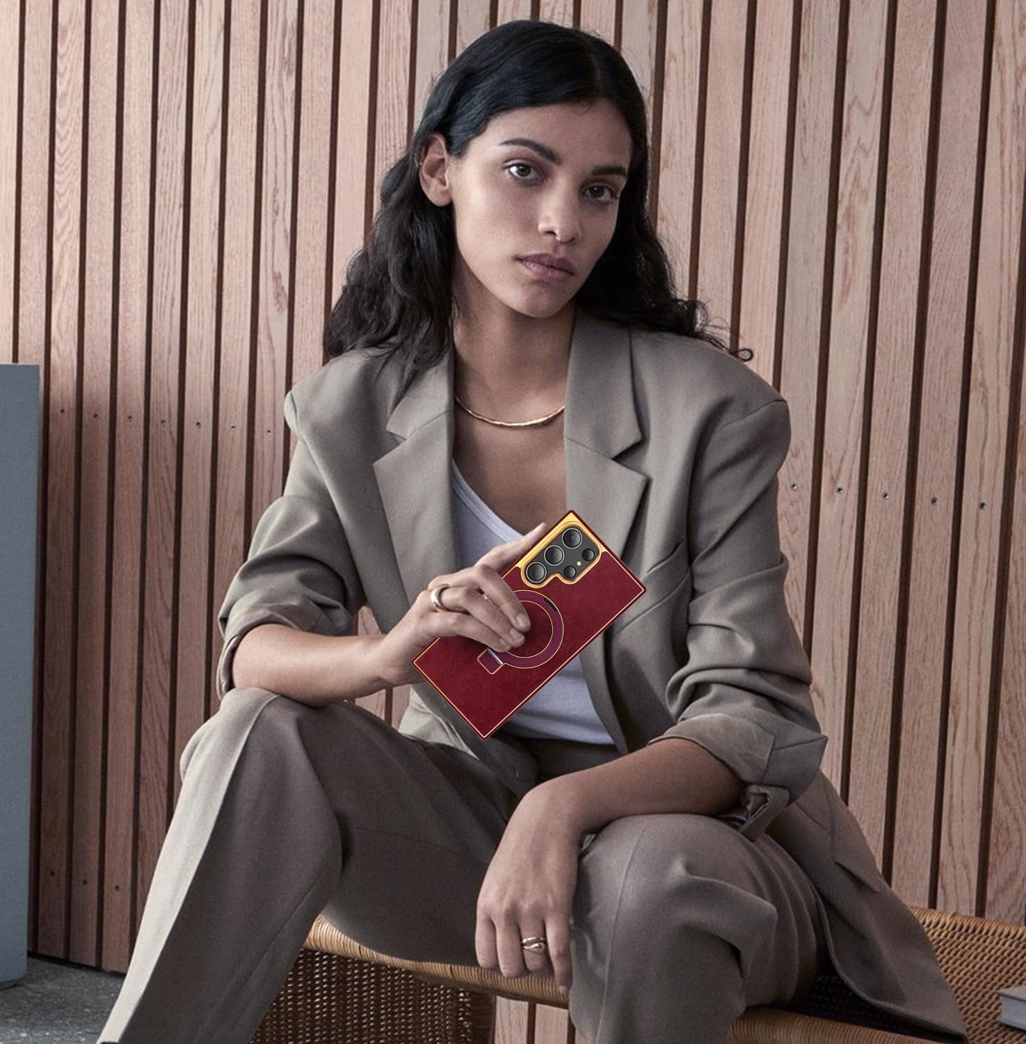 Designed for Samsung Galaxy S22 plus Case with Magnetic O-Ring Stand Leather Luxury Business Phone Cases for S22 plus 6.6" Compatible with Magsafe [Military Grade Protection],Red