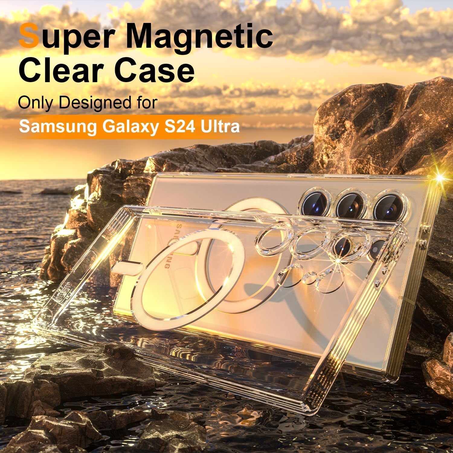3 in 1 Magnetic for Samsung Galaxy S24 Ultra Case Crystal Clear [Compatible with Magsafe][No-Yellowing][2X Screen Protectors] Mil-Grade Shockproof Soft Phone Case for S24 Ultra 6.8" Clear