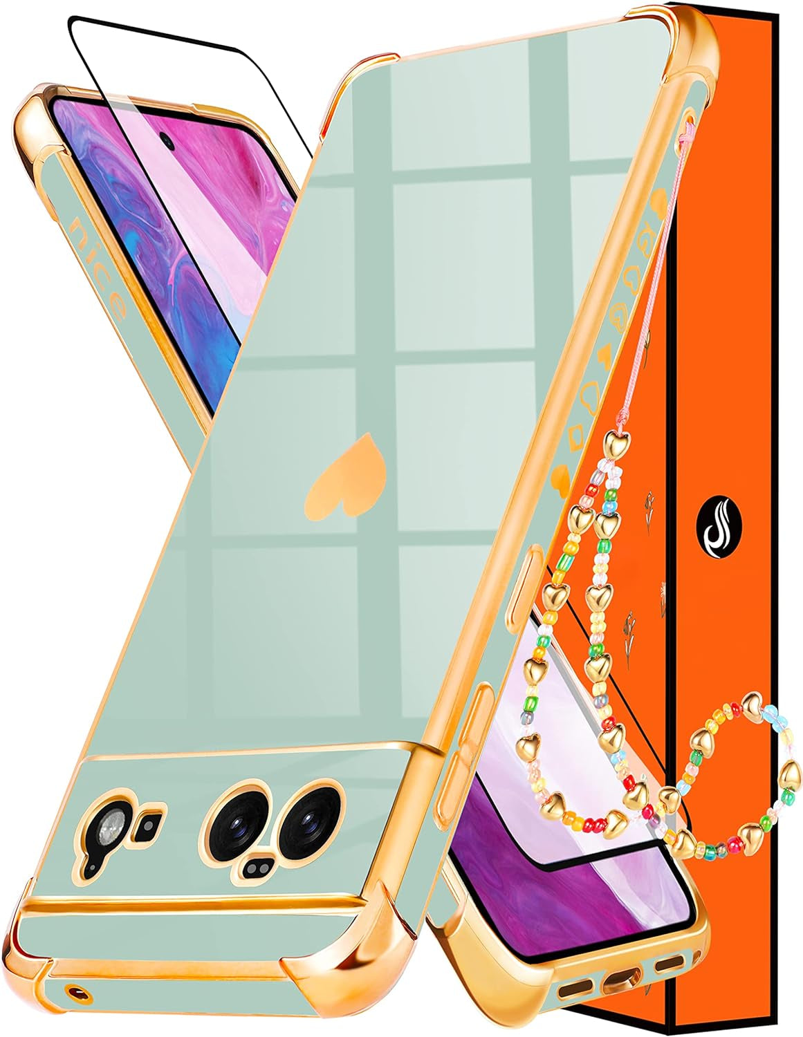 Shorogyt (3In1 Heart Case for Google Pixel 6 Case 5G 6.4 Inch Women Cute Aesthetic Love Hearts Pattern Girls Gold Luxury Girly Design Phone Cases Cover+Screen+Chain for Pixel 6 Case 5G 6.4''  qunxiner Mint Green For Google Pixel 6 