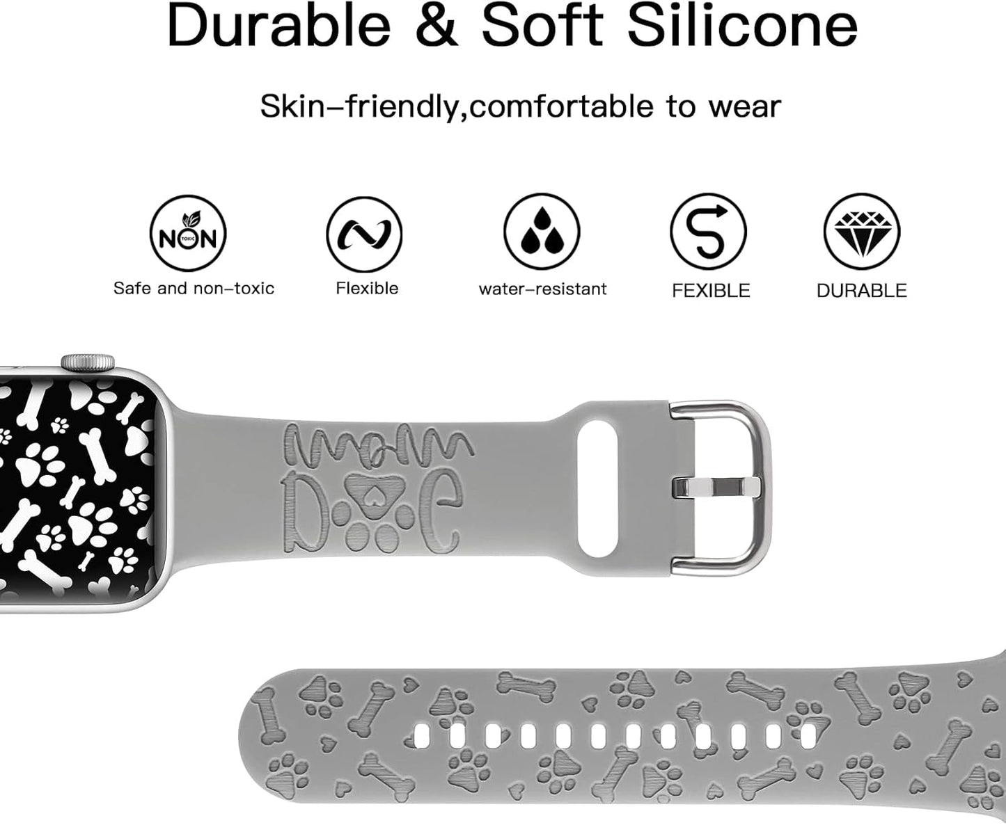 Dog Paw Engraved Silicone Band Compatible with Apple Watch 38Mm 40Mm 41Mm 42Mm 44Mm 45Mm for Women Men,Heart Shape Bone Pattern Carved Soft Silicone Sport Wristband Cute Strap for Iwatch Series SE 9 8 7 6 5 4 3 2 1