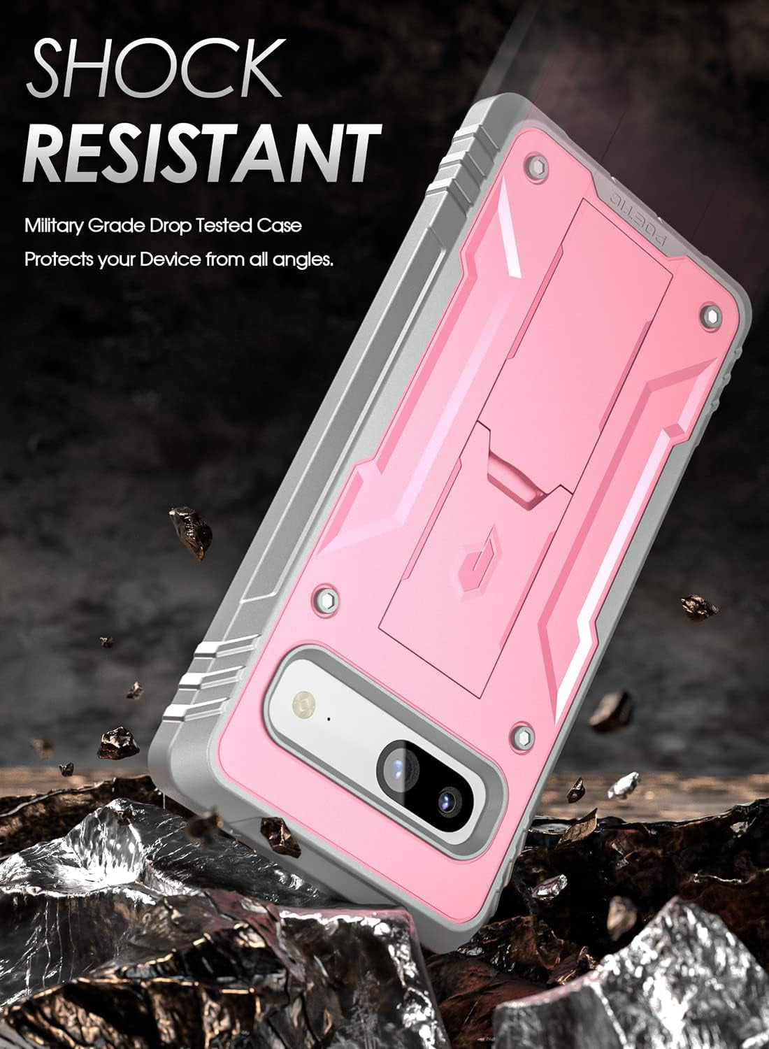 Poetic Revolution Case for Google Pixel 7A 5G, Built-In Screen Protector Work with Fingerprint ID, Full Body Rugged Shockproof Protective Cover Case with Kickstand, Light Pink  Poetic   