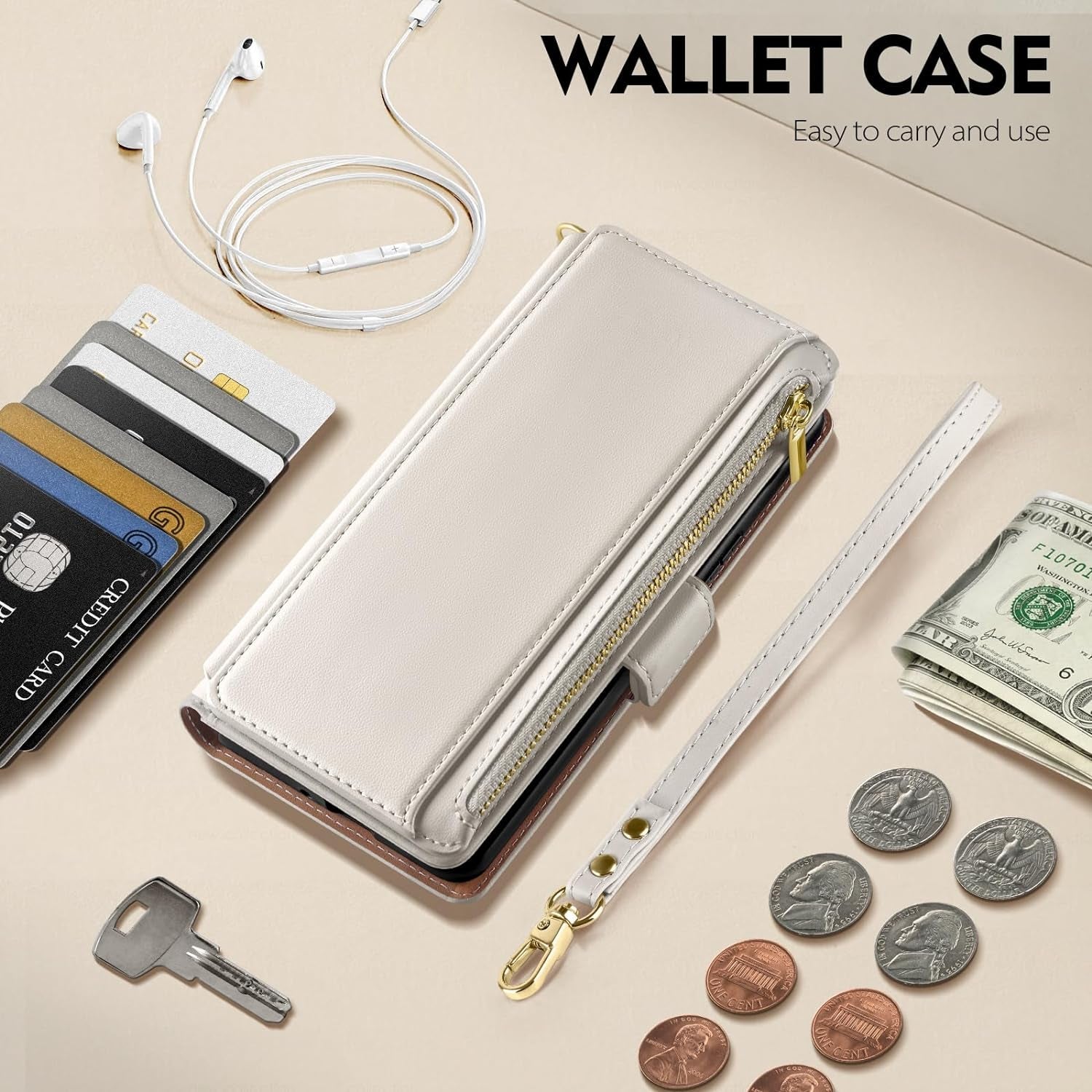 Antsturdy Samsung Galaxy A53 5G Case Wallet with Card Holder for Women Men,Galaxy A53 5G Phone Case RFID Blocking PU Leather Flip Shockproof Cover with Strap Zipper Credit Card Slots,Beige