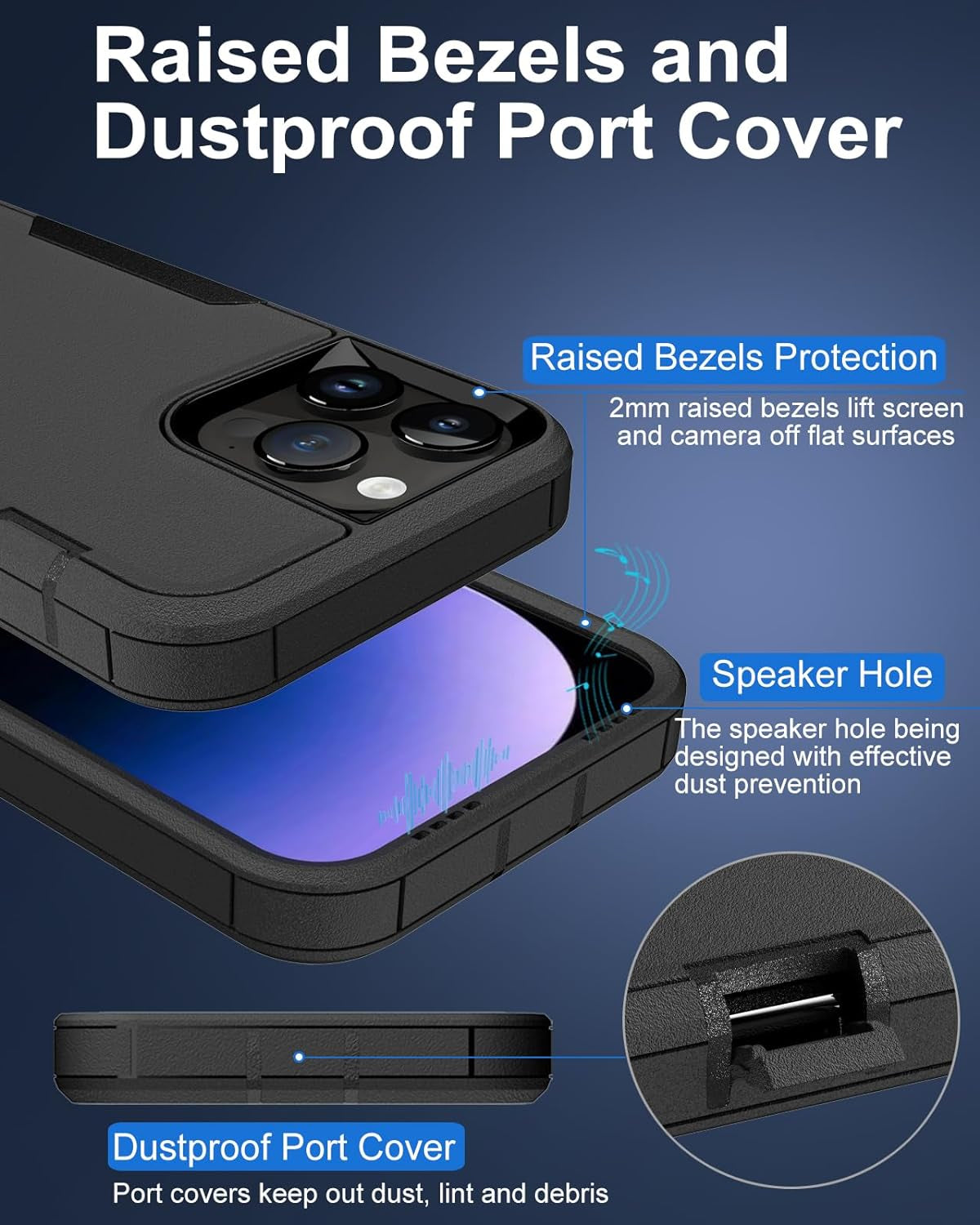 Dahkoiz for Iphone 15 Pro Phone Case, and Glass Screen Protector, Dust-Proof Port Cover, Full Body Non-Slip Rubber Covered, Wear-Resistant & Drop-Proof, Black/Black  UNISMART INC   