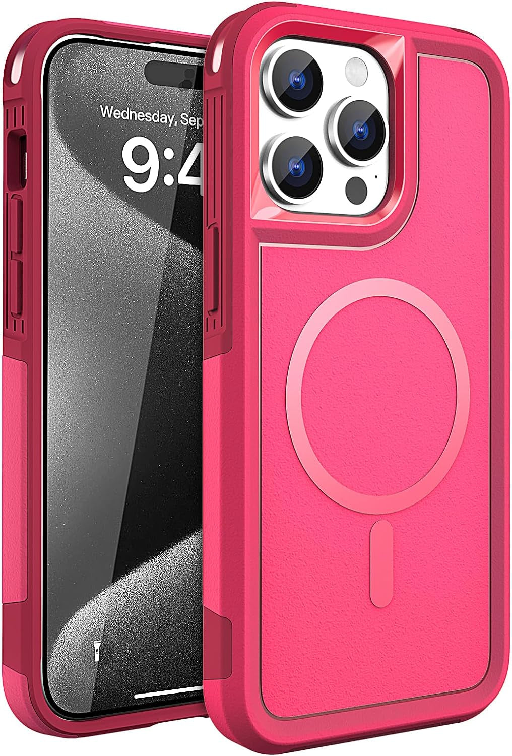 MAXCURY Magnetic for Iphone 15 Pro Max Phone Case, 2 in 1 Shockproof Dropproof Heavy Duty Protection Full Body Rugged Slim & Tough Durable Cover [Compatible with Magsafe] (Rose/Crimson)  MAXCURY Rose/Crimson  