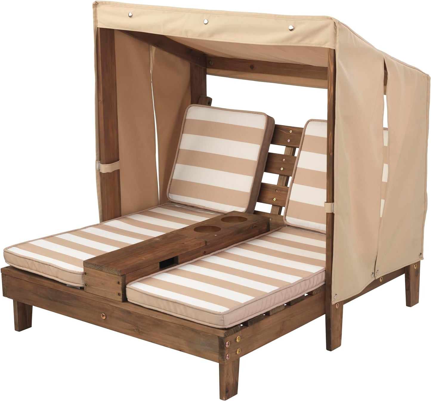 Kidkraft Wooden Outdoor Double Chaise Lounge with Cup Holders, Patio Furniture for Kids or Pets, Espresso with Oatmeal and White Striped Fabric  KIDKRAFT (DropShip)   