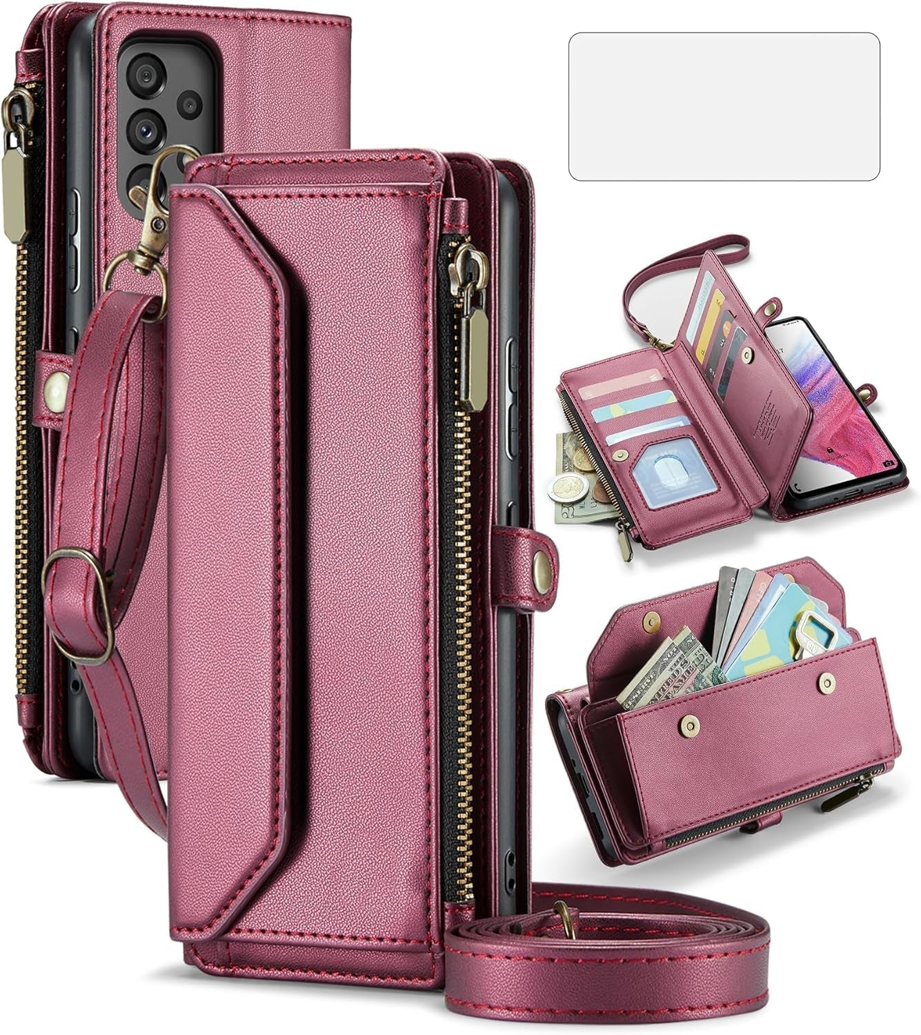 Asuwish Phone Case for Samsung Galaxy A53 5G Zipper Wallet Cover with Tempered Glass Screen Protector and Flip RFID Blocking Credit Card Holder Cell a 53 G5 53A SM A536U 6.5" 2022 Women Girls Wine Red