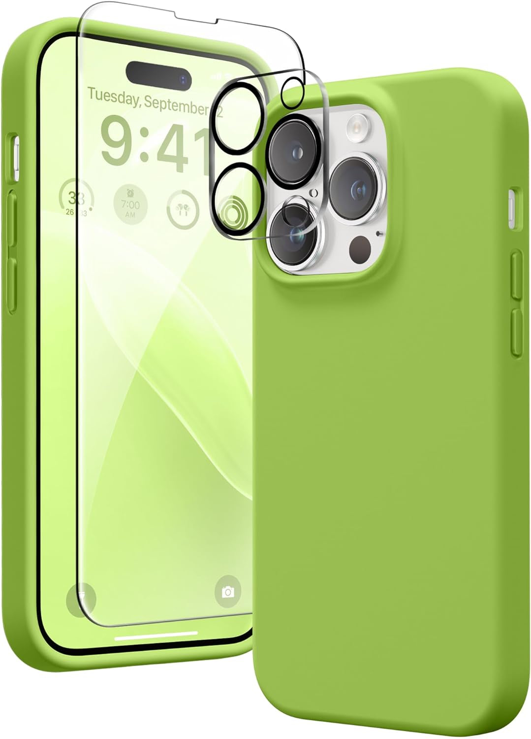 GONEZ for Iphone 14 Pro Case, with 2 Pack Screen Protector + 2 Pack Camera Lens Protector, Soft Anti-Scratch Microfiber Lining, Shockproof Protective Liquid Silicone Phone Cover 6.1'', Blue  GONEZ Sprout Green Iphone 14 Pro 