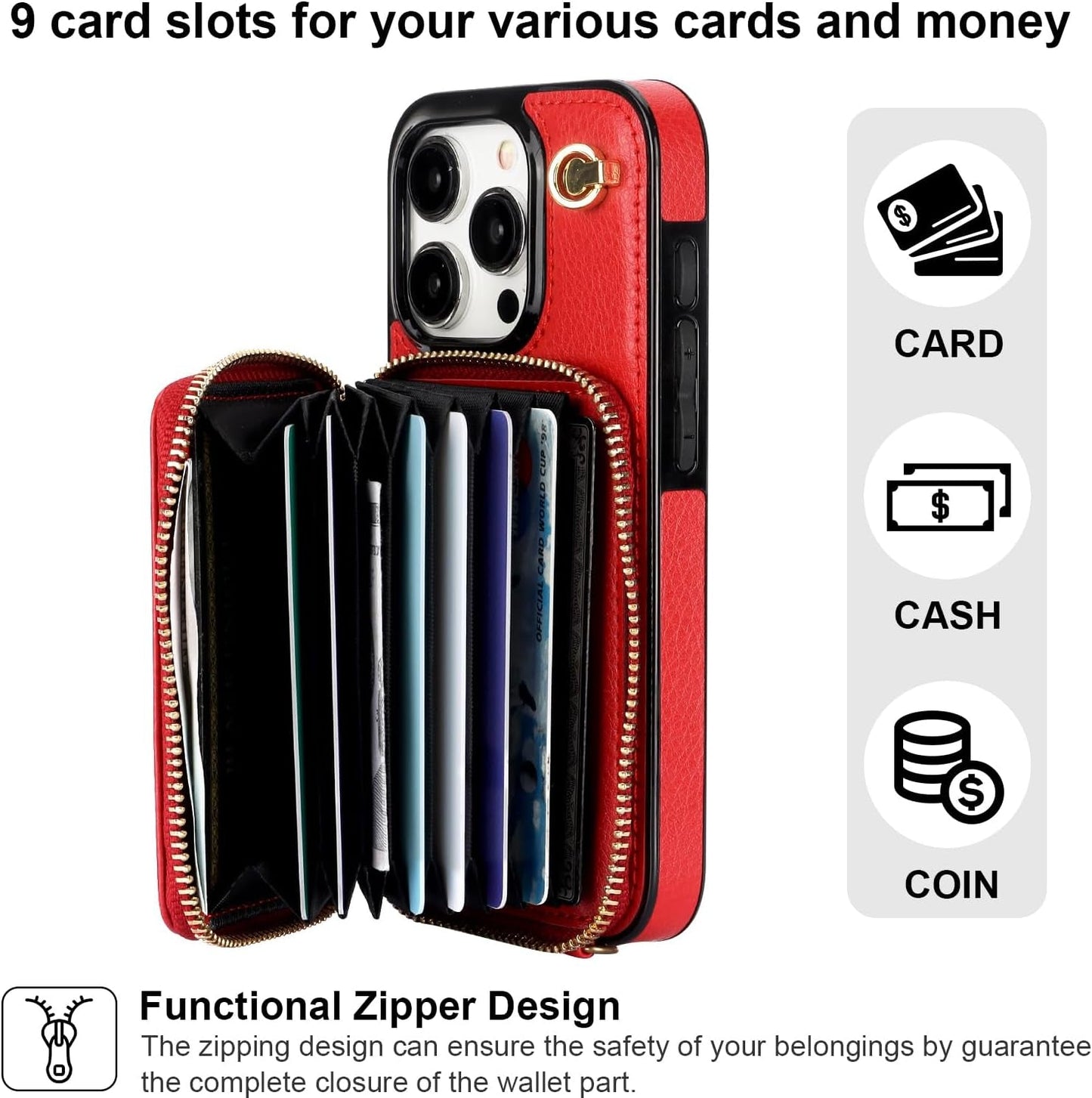 Bocasal Crossbody Wallet Case for Iphone 15 Pro, RFID Blocking Leather Purse Case with Card Holder, Protective Handbag Flip Cover with Zipper Wrist Strap Lanyard for Women 5G 6.1 Inch (Red)  Bocasal   