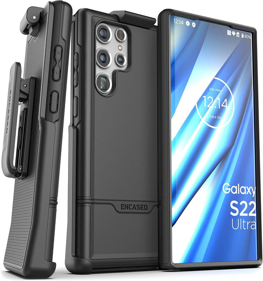 Encased Rebel Designed for Samsung Galaxy S22 Ultra Belt Clip Case, Protective Shockproof Case with Holster (Black)