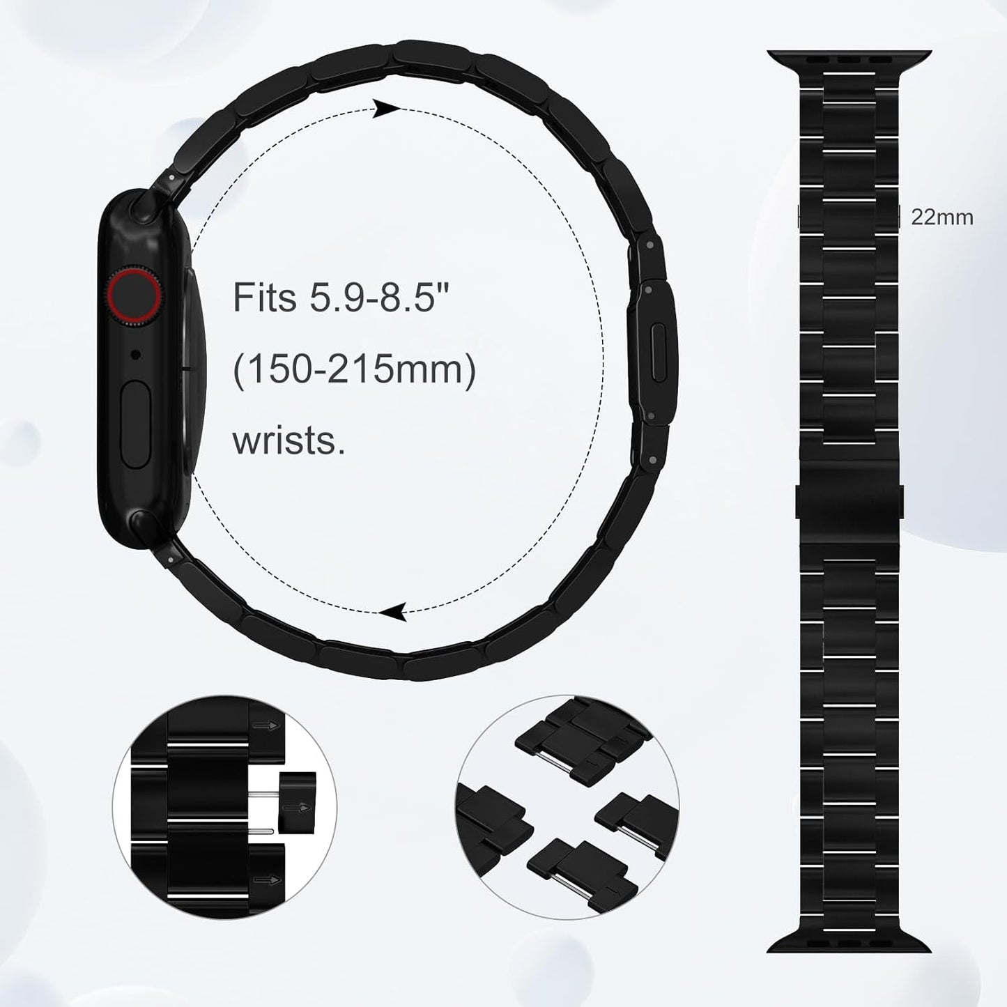 Finestone Metal Band for Apple Watch - No Tool Needed Apple Watch Stainless Steel Band Compatible with Apple Watch 41Mm 40Mm 38Mm - Magnetic Clasp Strap for Iwatch Series 9/8/7/6/5/4/3/2/1 SE Black
