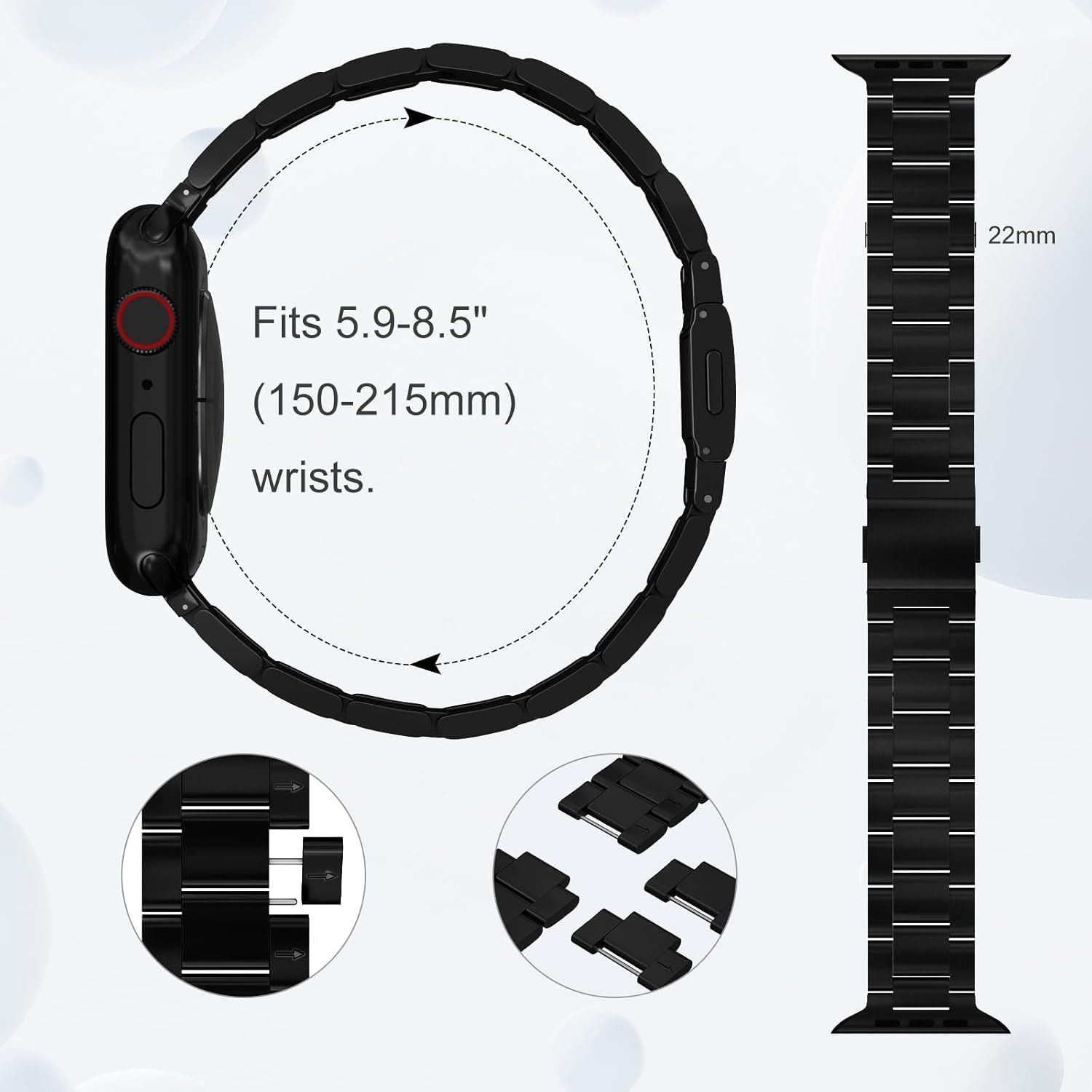 Finestone Metal Band for Apple Watch - No Tool Needed Apple Watch Stainless Steel Band Compatible with Apple Watch 41Mm 40Mm 38Mm - Magnetic Clasp Strap for Iwatch Series 9/8/7/6/5/4/3/2/1 SE Black