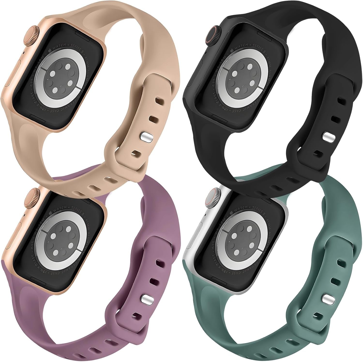 4 Pack Slim Watch Band Compatible for Apple Watch Band 38Mm 40Mm 41Mm 42Mm 44Mm 45Mm 49Mm,Soft Silicone Slim Sport Watch Band Compatible with Iwatch Apple Watch Series Ultra 8 7 6 5 4 3 2 1 SE Women Men