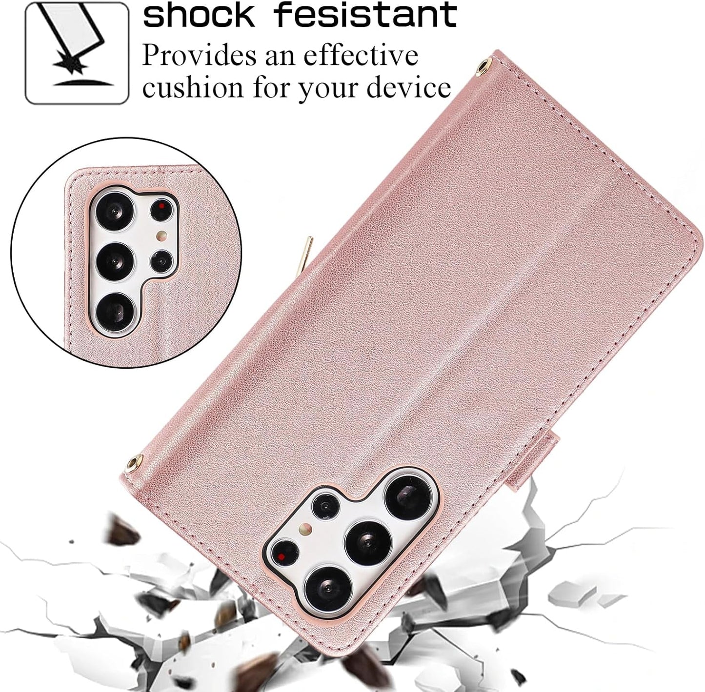 Furiet Wallet Case for Samsung Galaxy S22 Ultra 5G with Detachable Wrist Strap, 9+ Card Slots Zipper Purse, Luxury PU Leather Stand Full Body Phone Cover for S22Ultra 22S S 22 S22Ultra5G 6.8 Rose Gold