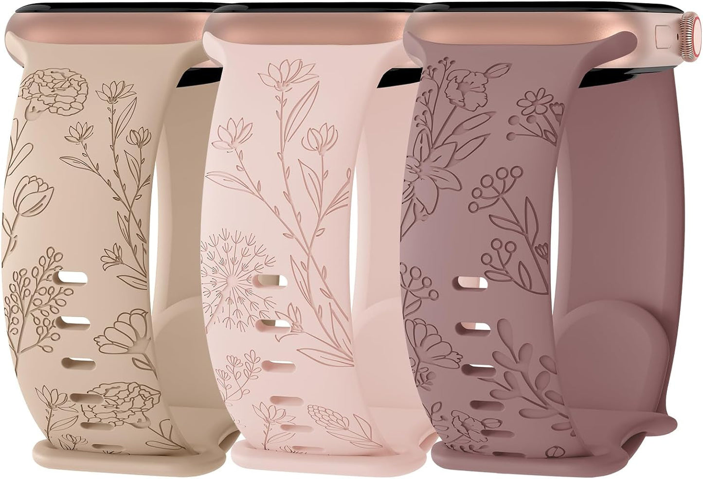 3 Pack Floral Engraved Silicone Bands Compatible with Apple Watch Band 38Mm 40Mm 41Mm 42Mm 44Mm 45Mm 49Mm Women, Soft Sport Wildflower Strap for Iwatch Ultra Series 9 8 SE 7 6 5 4 3 2 1