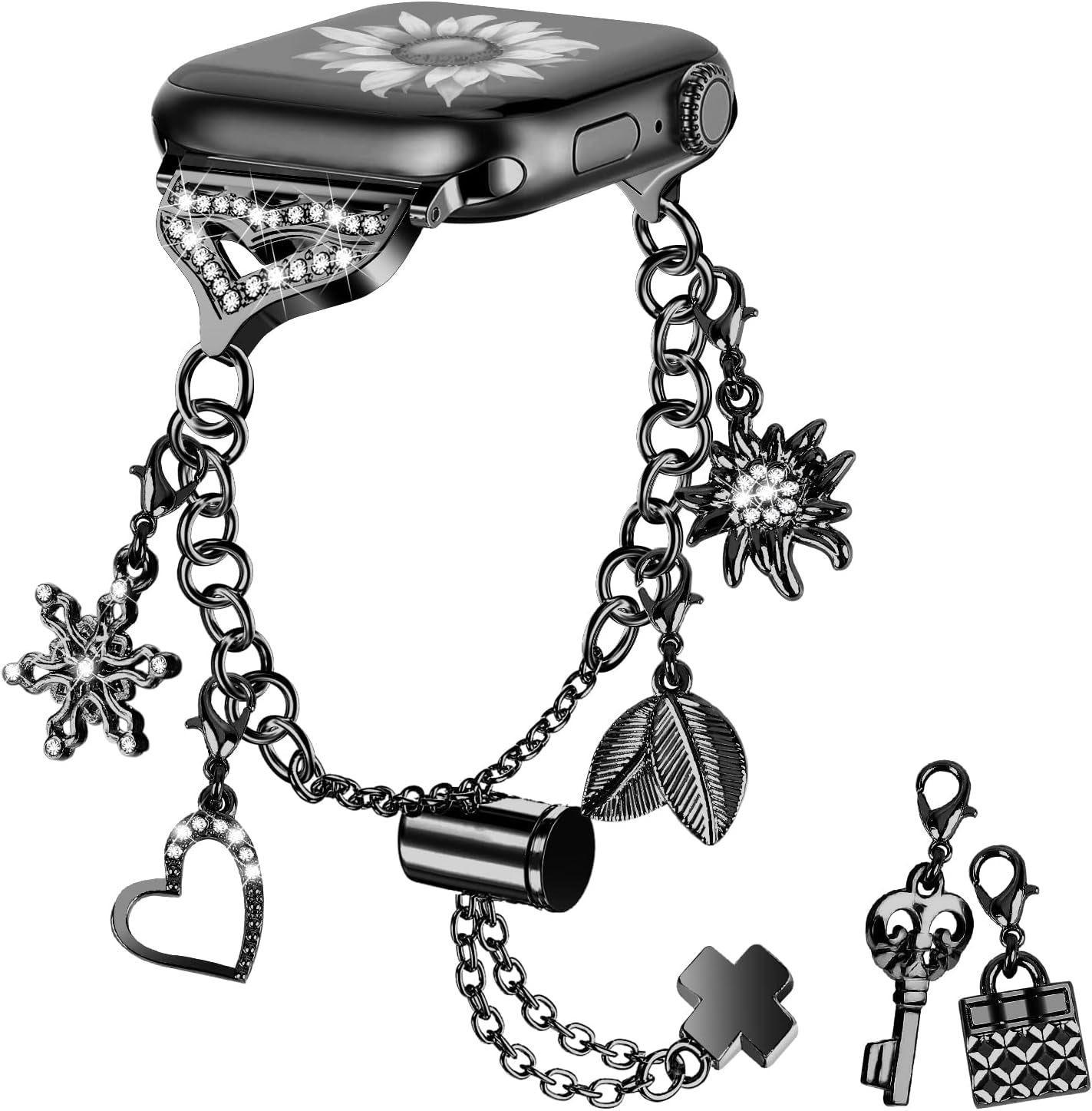 Bling Band Compatible with Apple Watch 49Mm 45Mm 44Mm 42Mm, Metal Jewelry Watch Strap for Ultra/Series SE 9 8 7 6 5 4 3 2 1 Interchangeable Charms Dressy Bracelet for Women (Black)