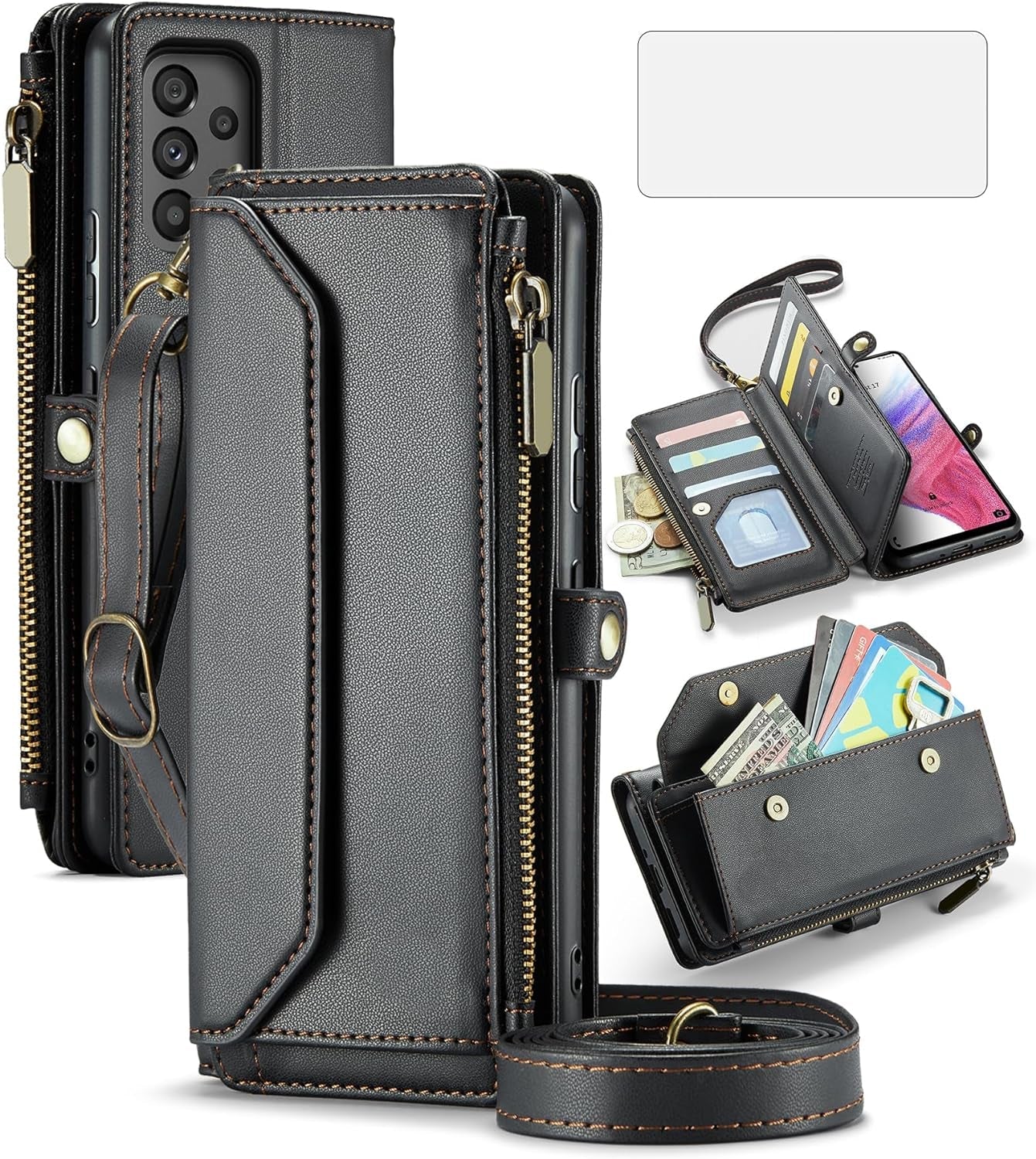 Asuwish Phone Case for Samsung Galaxy A53 5G Zipper Wallet Cover with Tempered Glass Screen Protector and Flip RFID Blocking Credit Card Holder Cell a 53 G5 53A SM A536U 6.5" 2022 Women Girls Wine Red