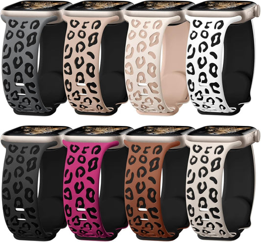 8 Pack Leopard Engraved Bands Compatible for Apple Watch Band 41Mm 40Mm 38Mm 49Mm 45Mm 44Mm 42Mm Women, Cheetah Soft Silicone Sport Wristband Strap for Iwatch Series 9 8 7 6 5 4 3 2 1 Ultra Ultra 2 SE