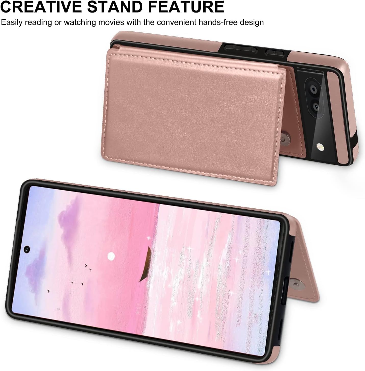 For Google Pixel 6A Case Leather Wallet with Card Holder, Flip Cover Kickstand Card Slots Magnetic Closure Shockproof Heavy Duty Protective Case for Google Pixel 6A 6.1Inch 5G-Rose Gold  Bizzib   