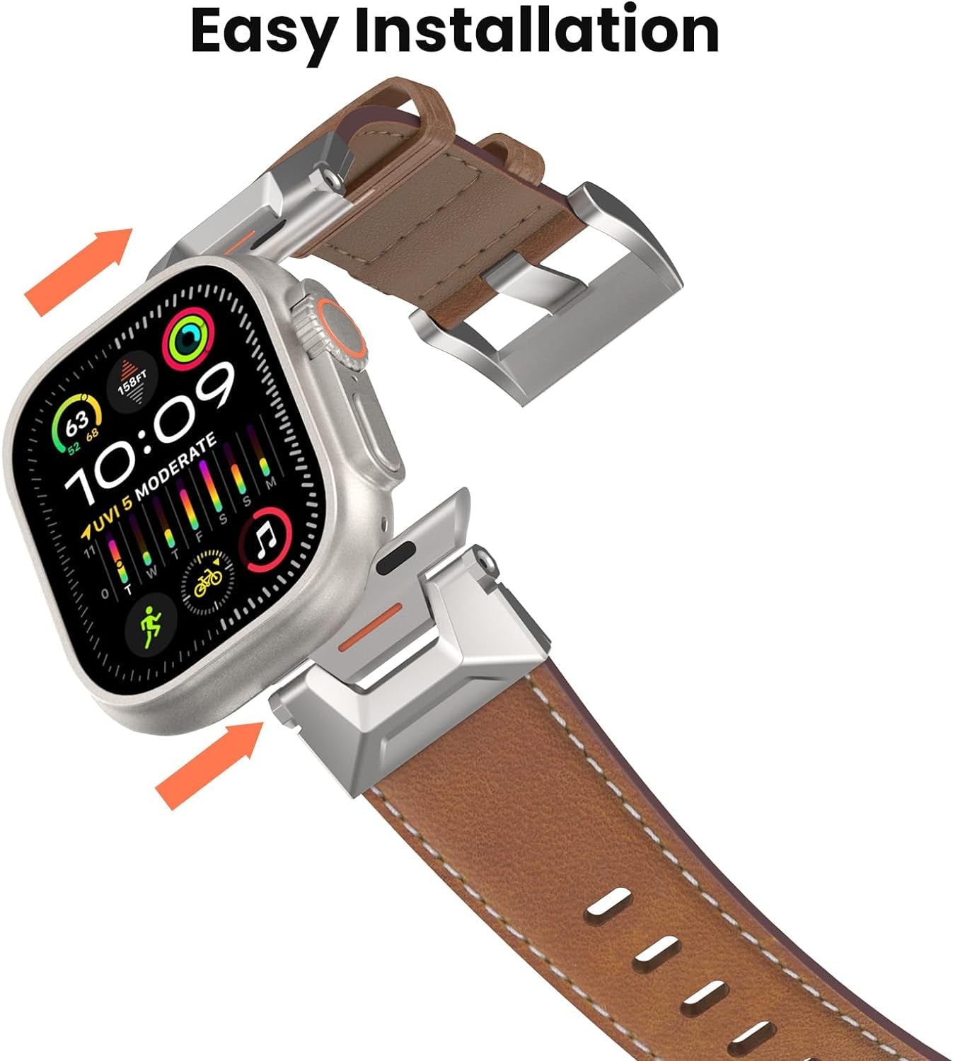 Genuine Leather Band Compatible with Apple Watch Ultra 2/Ultra Band 49Mm 45Mm 44Mm 42Mm for Men Women, Rugged Strap with Stainless Steel Connectors for Iwatch Ultra Series SE 9 8 7 6 5 4 3