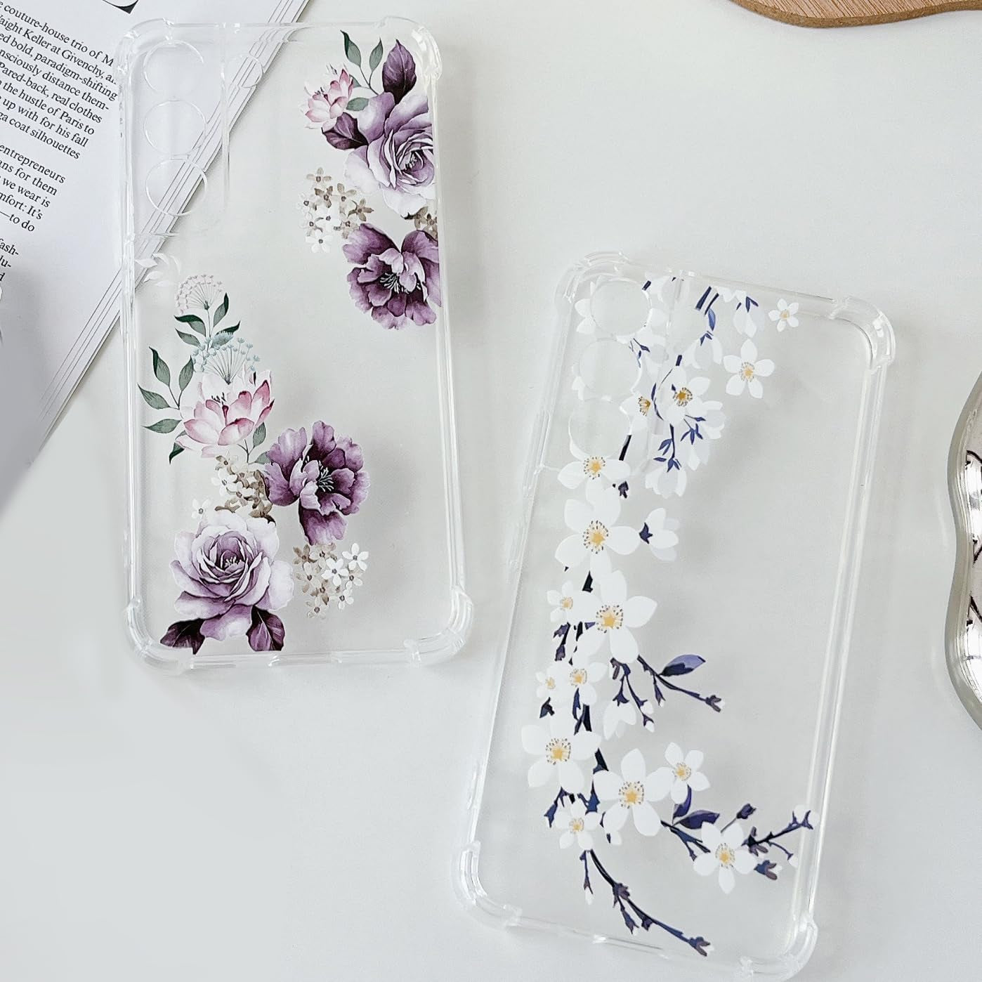 DEFBSC Soft Case Compatible with Samsung Galaxy S22, Clear Floral Flower Pattern Print Design Flexible TPU Shockproof Cover for Women Girls,Flower Protective Phone Case, Purple Peony