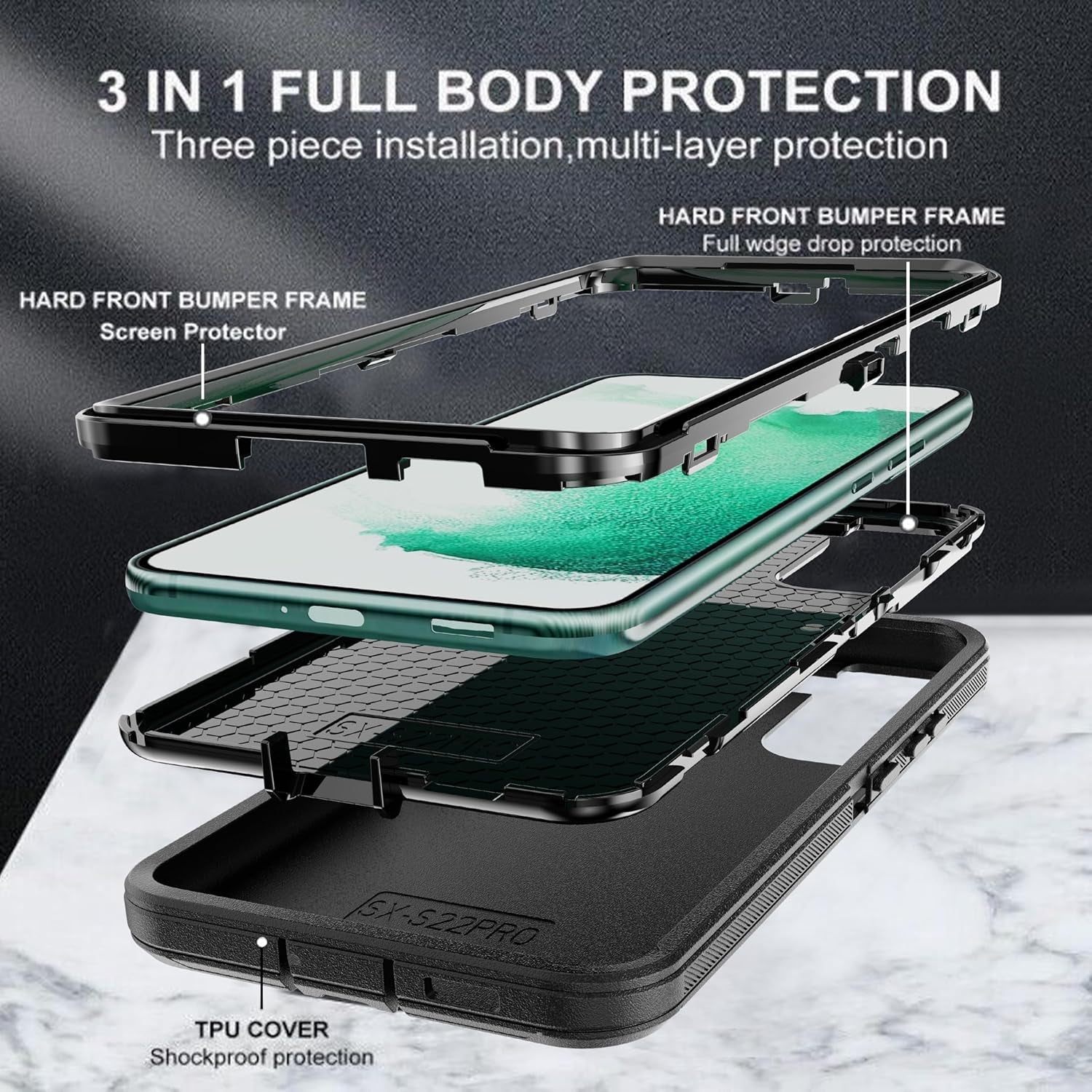 For Galaxy S22 plus Case with Soft TPU Film Screen Protector[2 Pack],3 in 1 Shockproof TPU Hard PC Bumper Drop-Proof Shell for Samsung Galaxy S22+Plus Black
