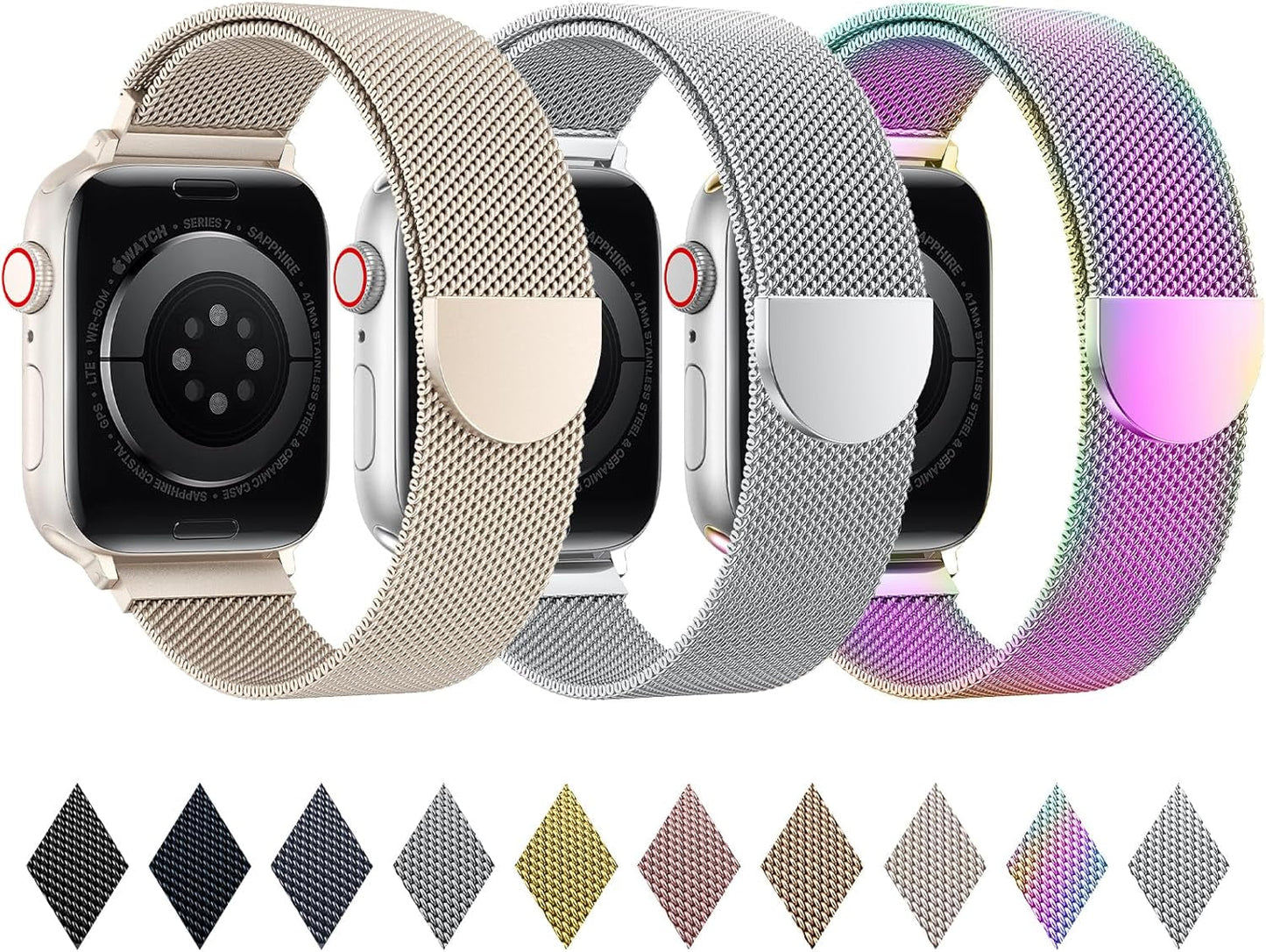 BELONGME 3 Pack Mesh Loop Compatible with Apple Watch Band 40Mm 41Mm 38Mm 42Mm 44Mm 45Mm 49Mm Series Ultra SE 9 8 7 6 5 4 3 2 1 Women Men, Stainless Steel Metal Strap Magnetic Clasp for Iwatch Bands