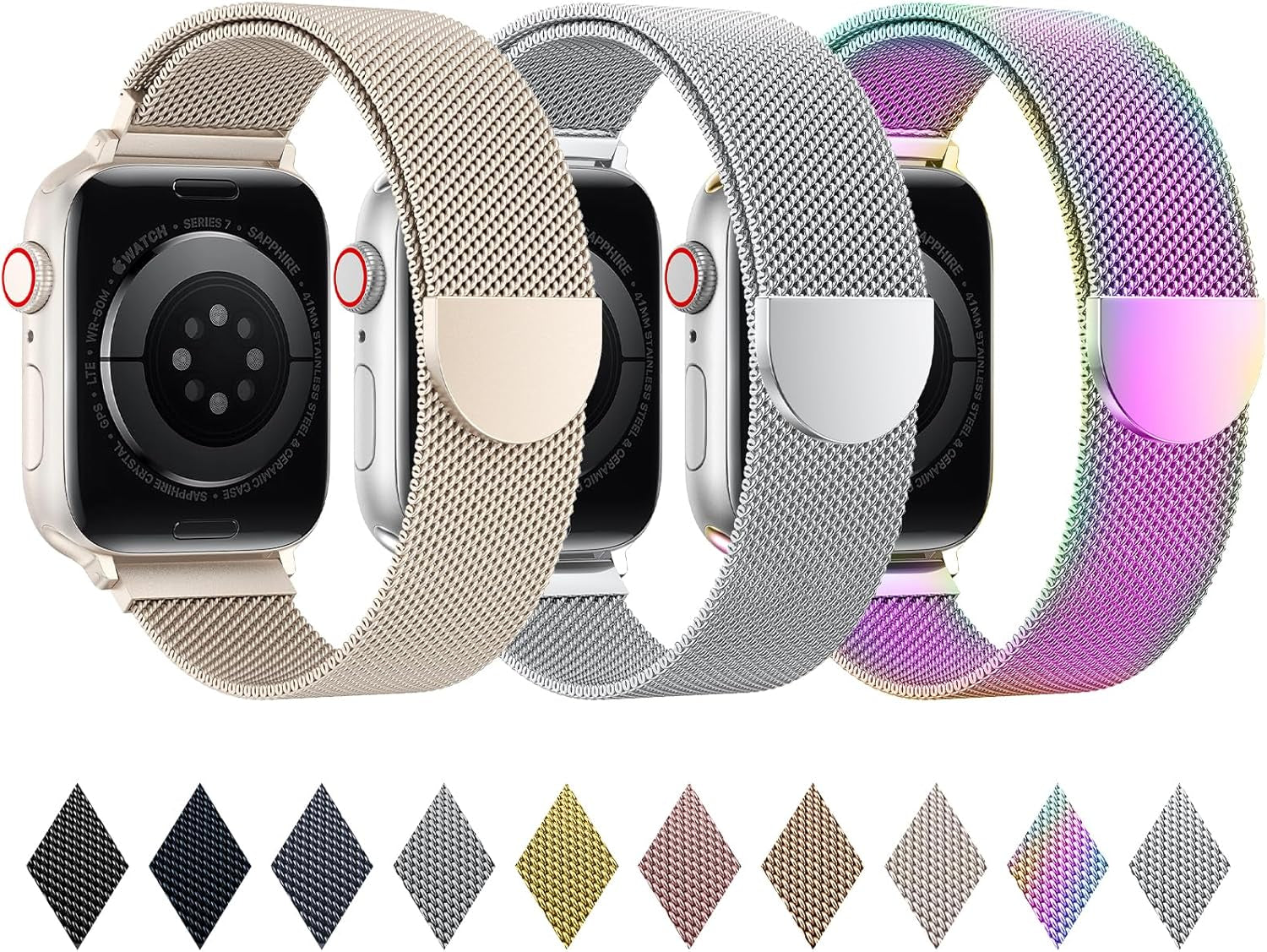 BELONGME 3 Pack Mesh Loop Compatible with Apple Watch Band 40Mm 41Mm 38Mm 42Mm 44Mm 45Mm 49Mm Series Ultra SE 9 8 7 6 5 4 3 2 1 Women Men, Stainless Steel Metal Strap Magnetic Clasp for Iwatch Bands