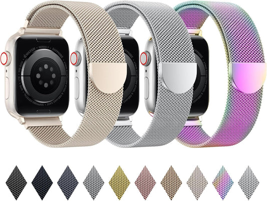 BELONGME 3 Pack Mesh Loop Compatible with Apple Watch Band 40Mm 41Mm 38Mm 42Mm 44Mm 45Mm 49Mm Series Ultra SE 9 8 7 6 5 4 3 2 1 Women Men, Stainless Steel Metal Strap Magnetic Clasp for Iwatch Bands
