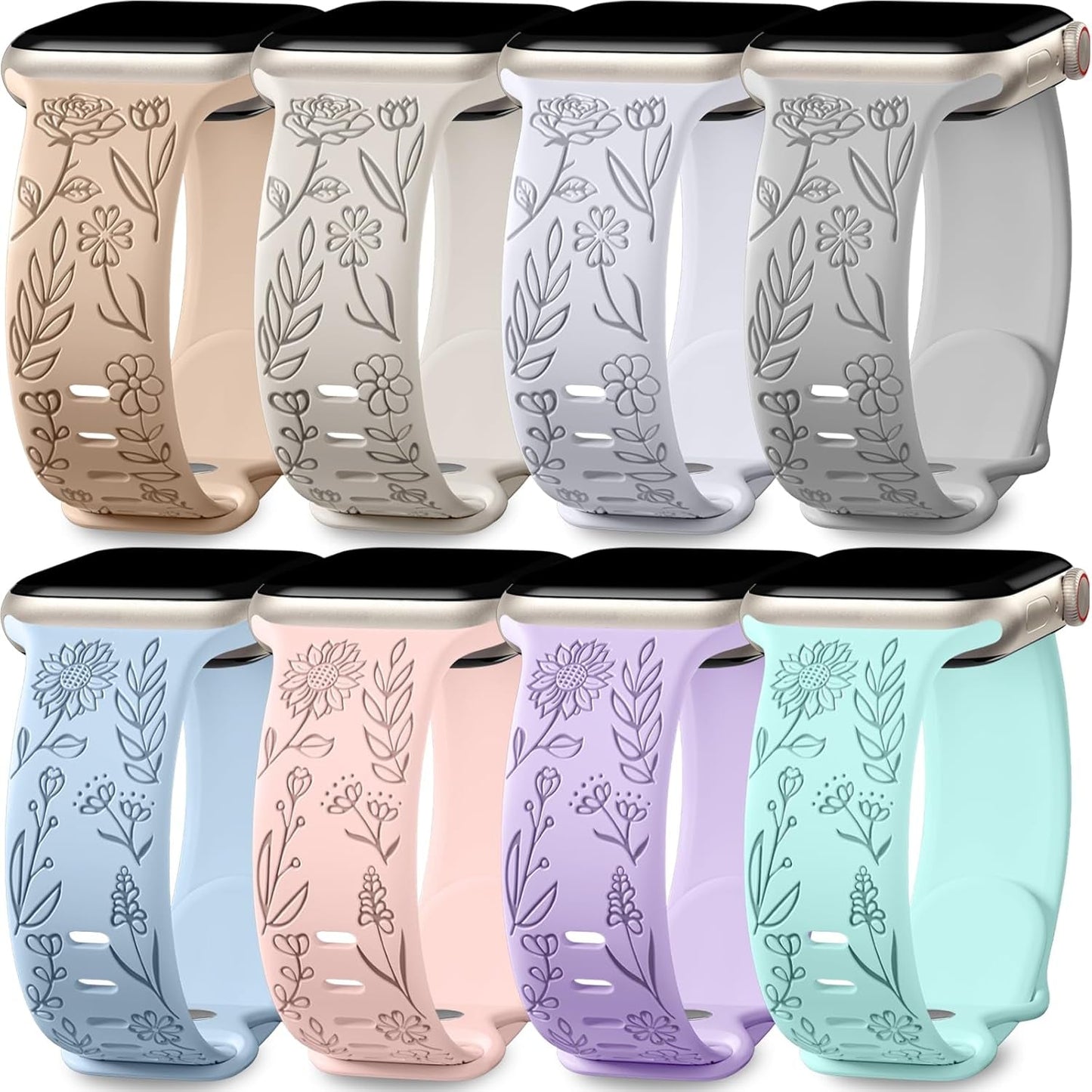 Easuny 8 Pack Bands for Women Apple Watch 40Mm 41Mm 38Mm 42Mm 44Mm 45Mm 49Mm Iwatch Series 9 8 7 6 5 4 3 Ultra 2/1 SE SE 2Nd, Soft Silicone Floral Engraved Dressy Wrist Straps