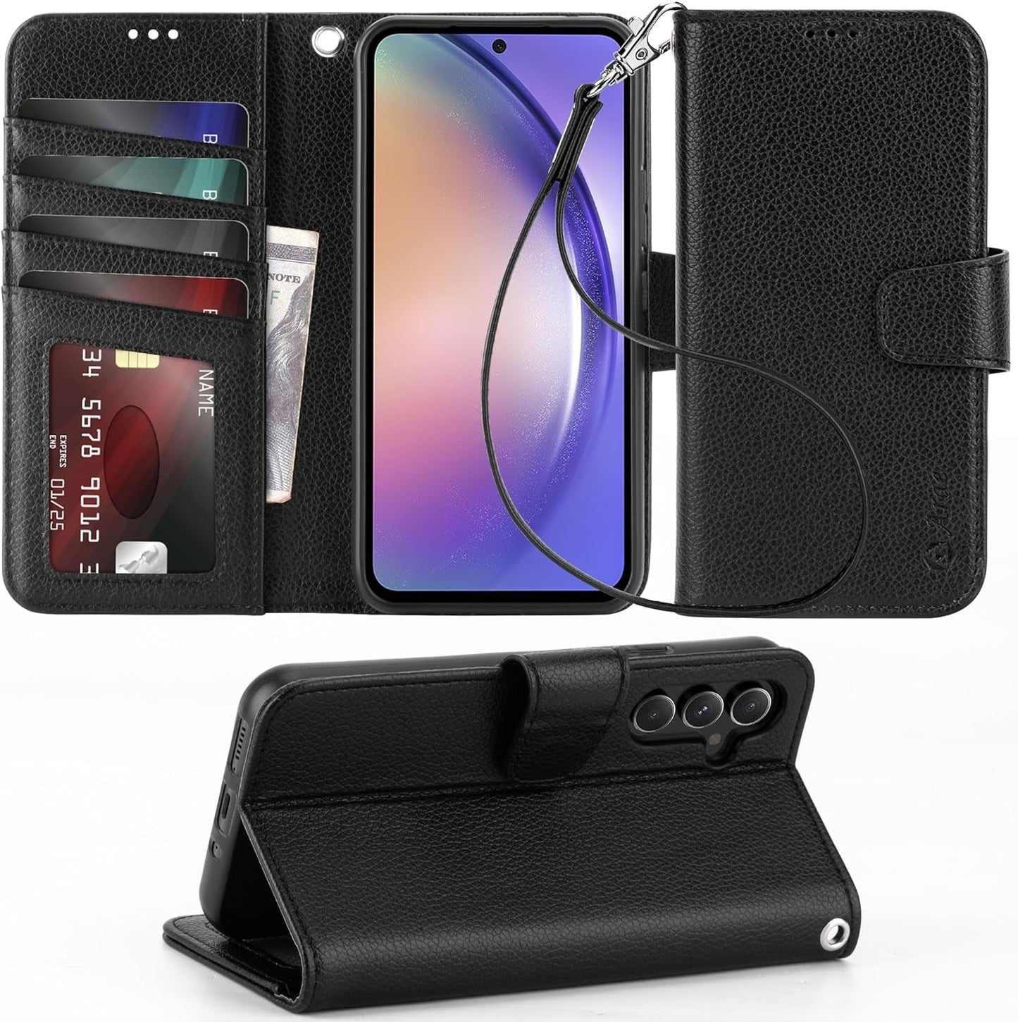 Arae Case for Samsung Galaxy S22 Ultra 5G PU Leather Wallet Case Cover [Stand Feature] with Wrist Strap and [4-Slots] Id&Credit Cards Pocket (S22 Ultra-6.8 Inch, Black)