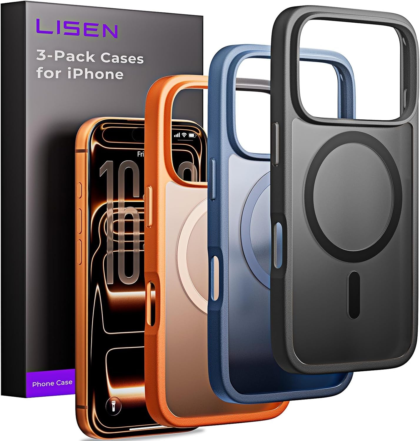 LISEN 3 in 1 Shockproof for Iphone 17 Pro Max Case [2025 Upgrade] (Compatible with Magsafe & Shockproof Military-Grade Protection) Magnetic Phone Cover Funda Para Iphone 17 Pro Max, 3-Color Set