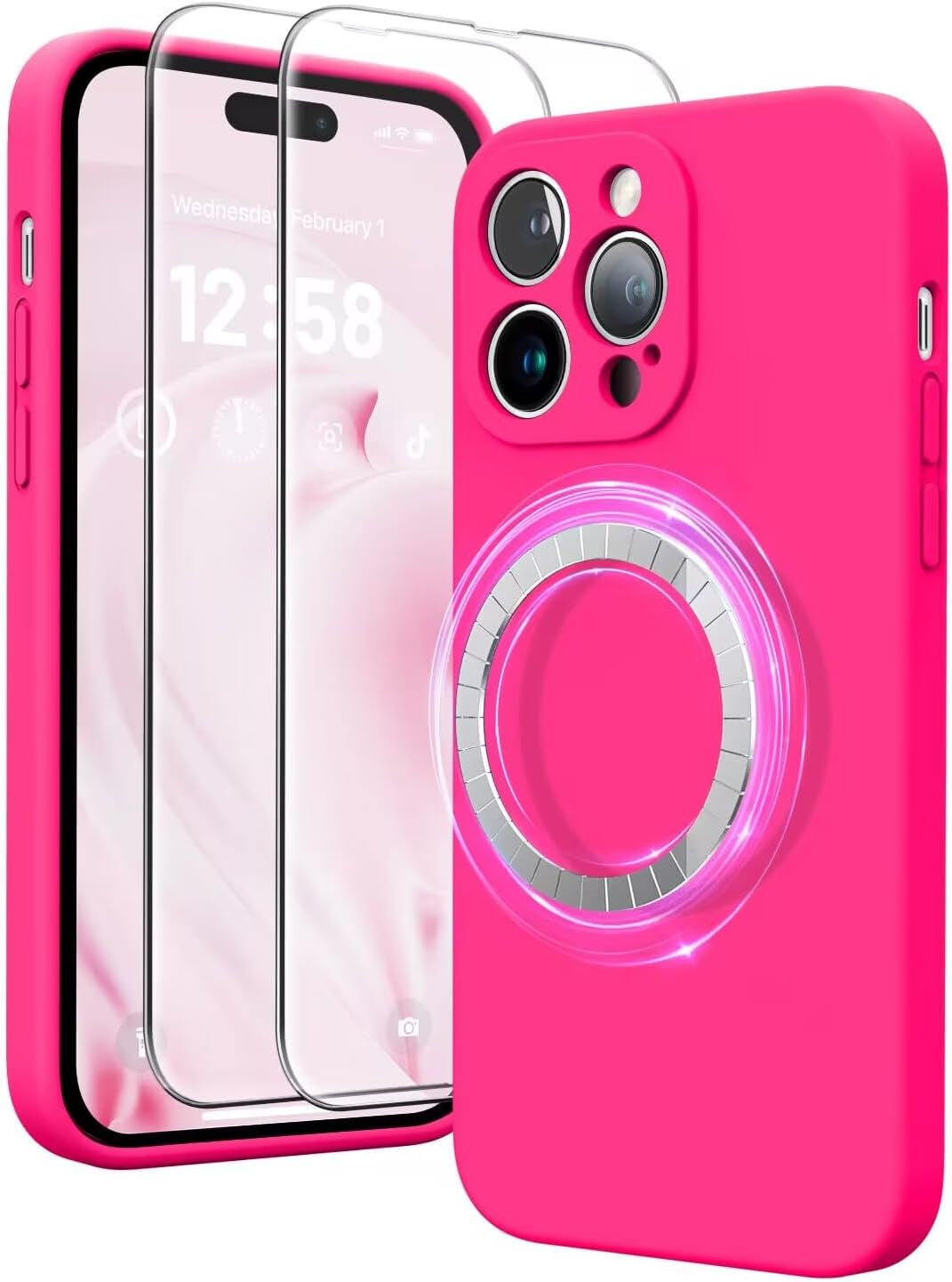 HIKII for Iphone 14 Pro Case Magnetic, Upgraded Silicone [Camera Protection] [Compatible with Magsafe] for Iphone 14 Pro Case with [2 Screen Protectors], 6.1 Inch, Light Brown  HIKII Hot Pink  