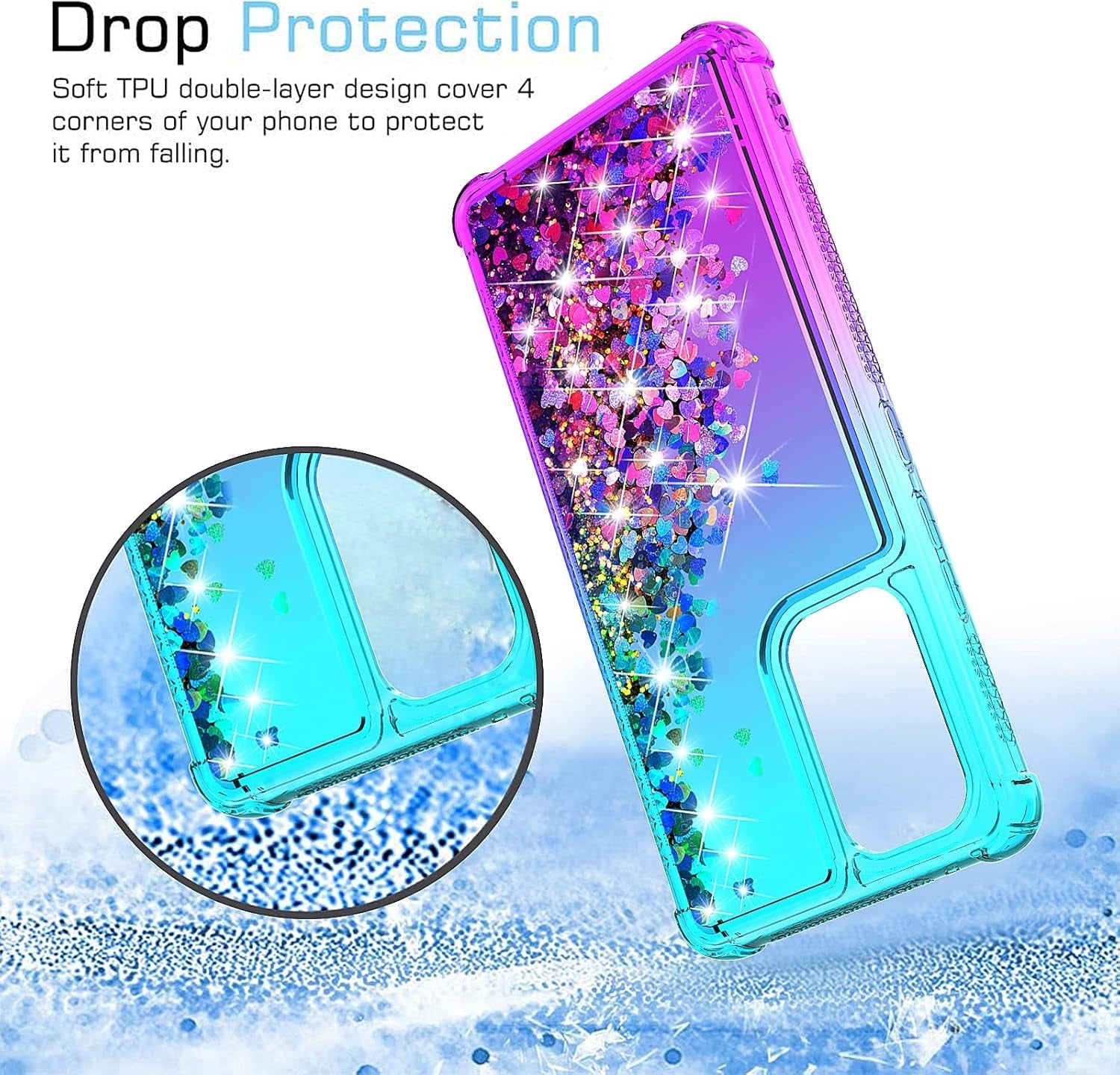 For Galaxy A53 Case,Samsung A53 5G Case with HD Screen Protector,Gradient Quicksand Glitter Liquid Floating Waterfall Durable Girls Cute Phone Case for Samsung Galaxy A53 5G (Teal/Purple)