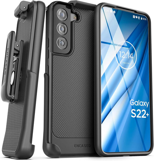 Encased Thin Armor Designed for Samsung Galaxy S22 plus Belt Clip Case, Slim Fit Phone Case with Holster for Samsung S22+ (Matte Black)