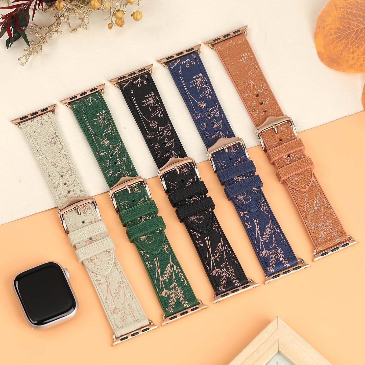 Bling Floral Bands for Apple Watch Band 40Mm 41Mm 44Mm 45Mm 38Mm 42Mm Ultra/2 49Mm Women,Eco-Leather Silicone Hybrid,Glitter Flower Sparkly Pattern Elegant Strap for Iwatch Series 9 8 7 6 5 4 3 2 SE