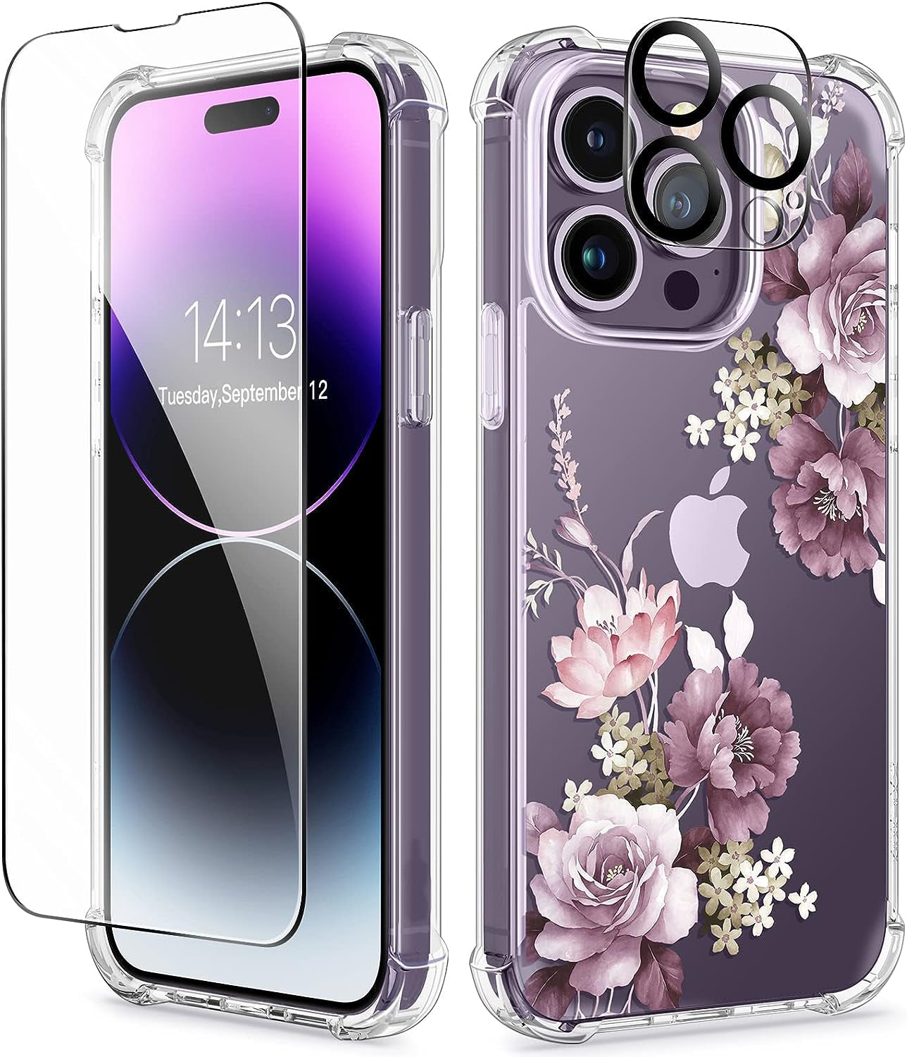 GVIEWIN for Iphone 14 Pro Case with Screen Protector & Camera Lens Protector, Floral Slim Shockproof Protective Hard PC+TPU Bumper Flower Women Phone Cover for 14 Pro, 6.1"(Aster/Purple)  GVIEWIN Cherry Blossoms/Purple  