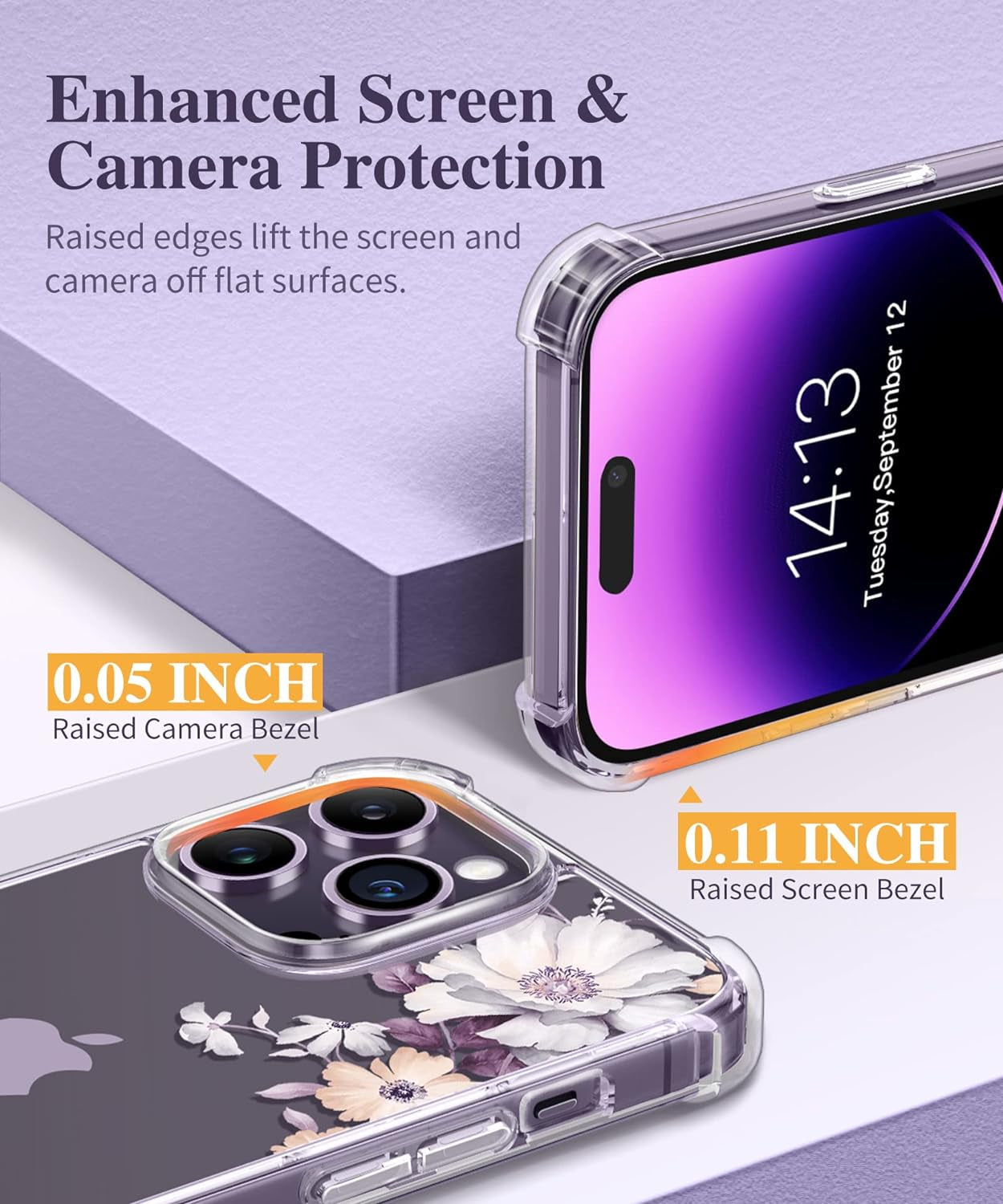 GVIEWIN for Iphone 14 Pro Case with Screen Protector & Camera Lens Protector, Floral Slim Shockproof Protective Hard PC+TPU Bumper Flower Women Phone Cover for 14 Pro, 6.1"(Aster/Purple)  GVIEWIN   