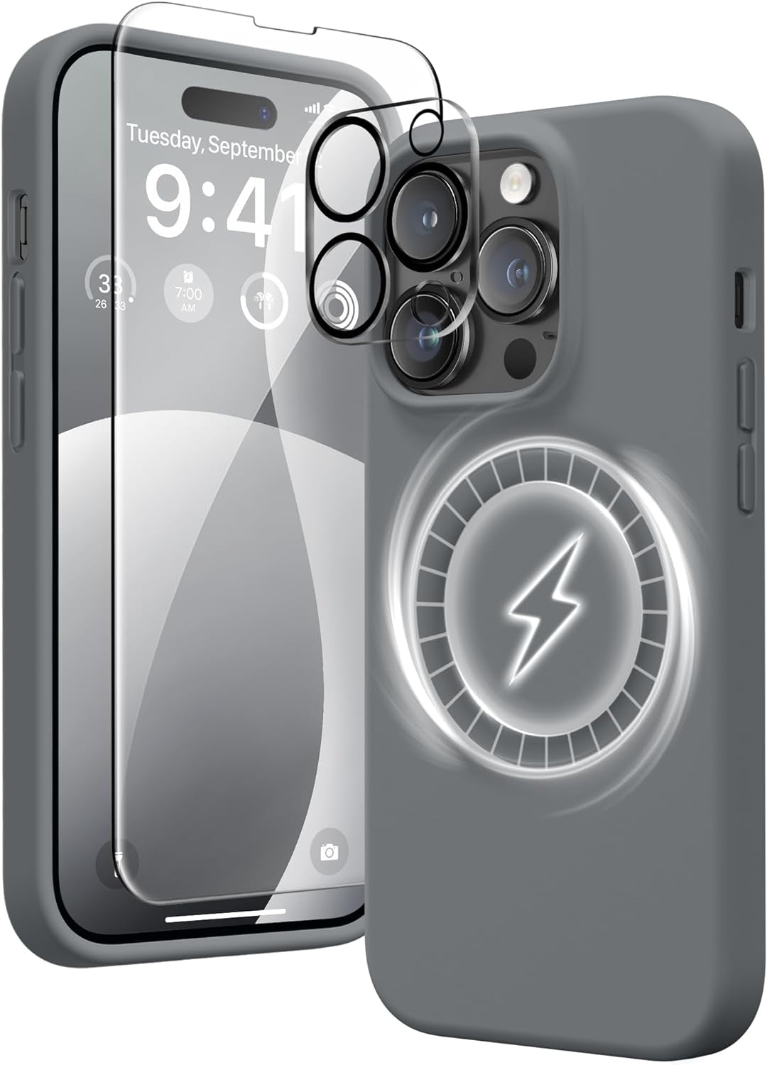 GONEZ for Iphone 14 Pro Max Case Silicone, Compatible with Magsafe, with 2X Screen Protector + 2X Camera Lens Protector, Liquid Silicone Shockproof Protective Iphone 14 Promax Case, Blue  GONEZ Dark Grey  