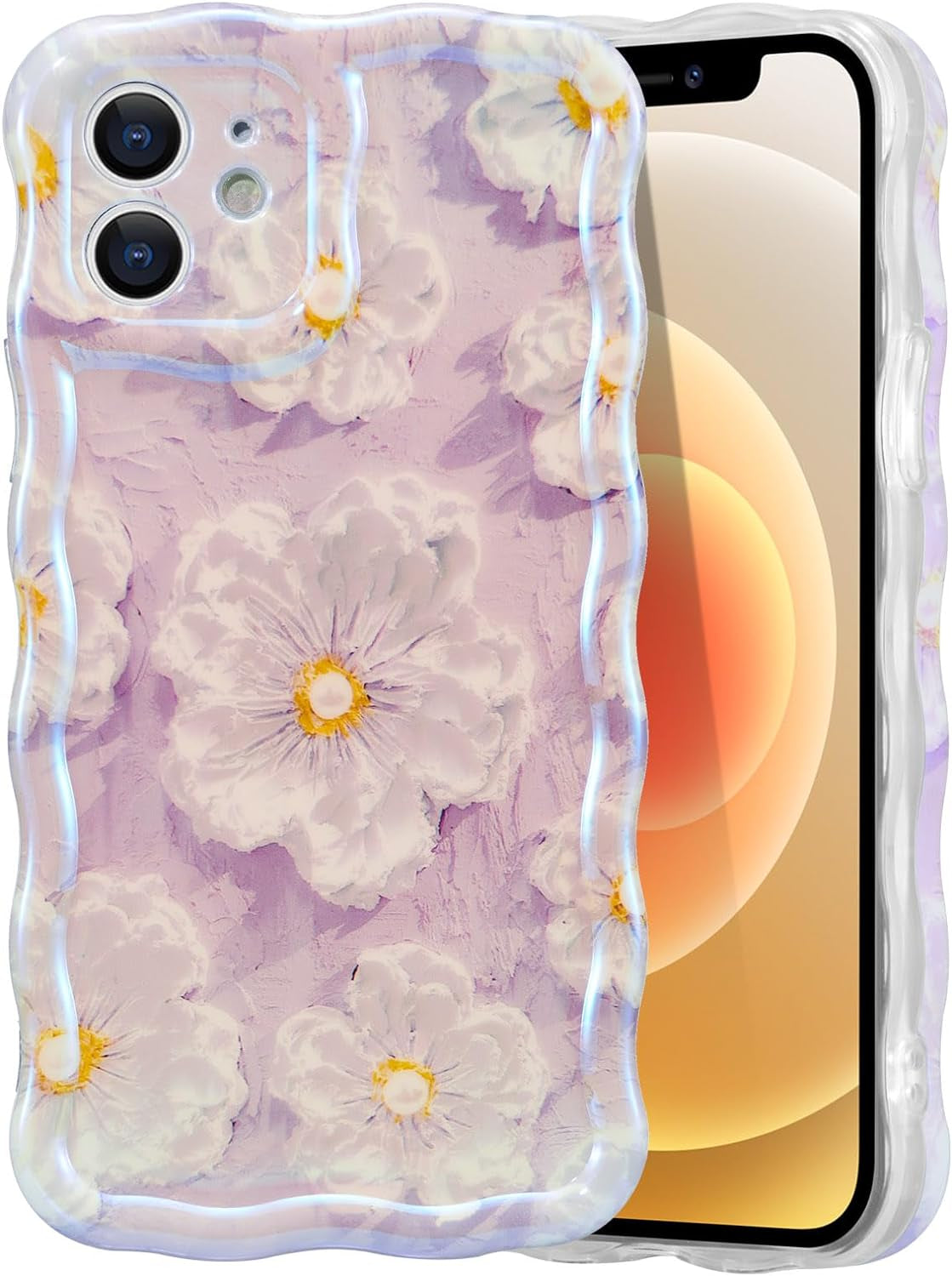 EYZUTAK Case for Iphone 14 Pro, Colorful Retro Oil Painting Flower Leaf Laser Glossy Pattern Cute Curly Wave Edge Exquisite Phone Cover Stylish Durable TPU Protective Case for Girls Women - Blue Green  EYZUTAK   
